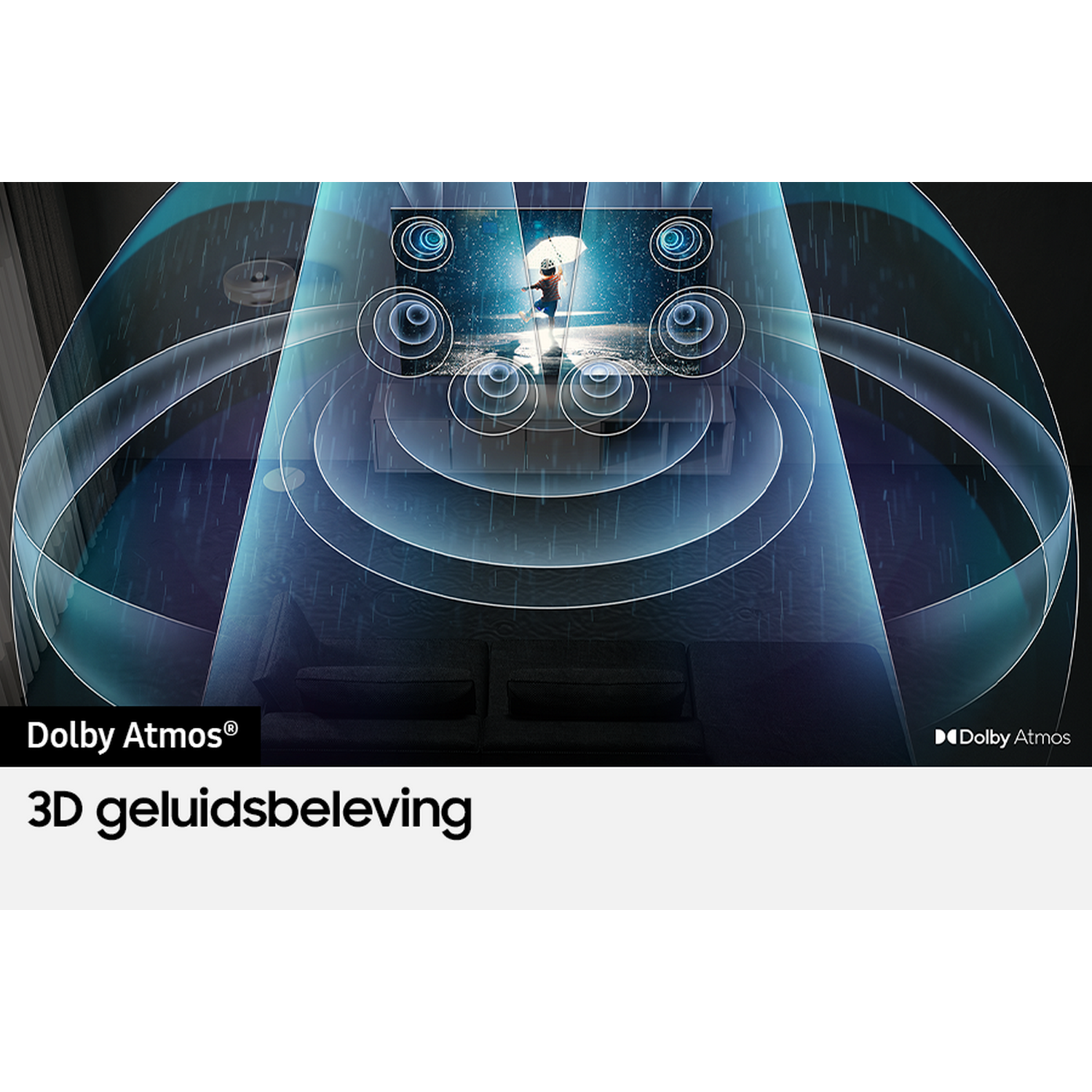 Pokój z telewizorem wyświetlającym obraz, z grafiką fal dźwiękowych i marką Dolby Atmos.