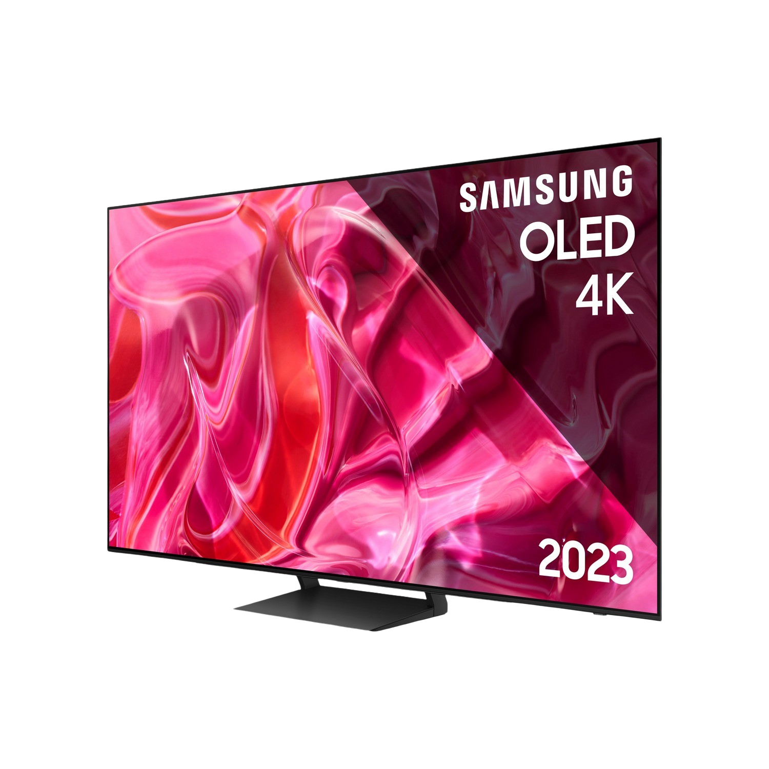 Telewizor Samsung OLED 4K, z różowym i bordowym ekranem, ma ciemną podstawę i rok 2023.