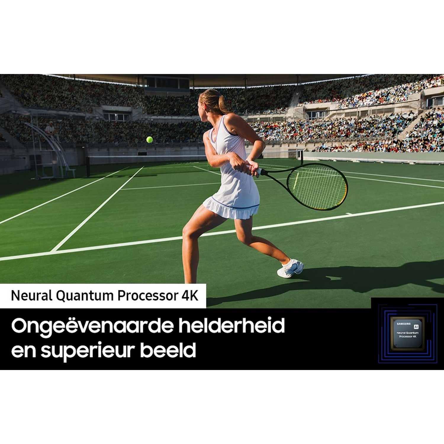 Kobieta grająca w tenisa, z kortem tenisowym i stadionem w tle, wyświetlacz 4K.