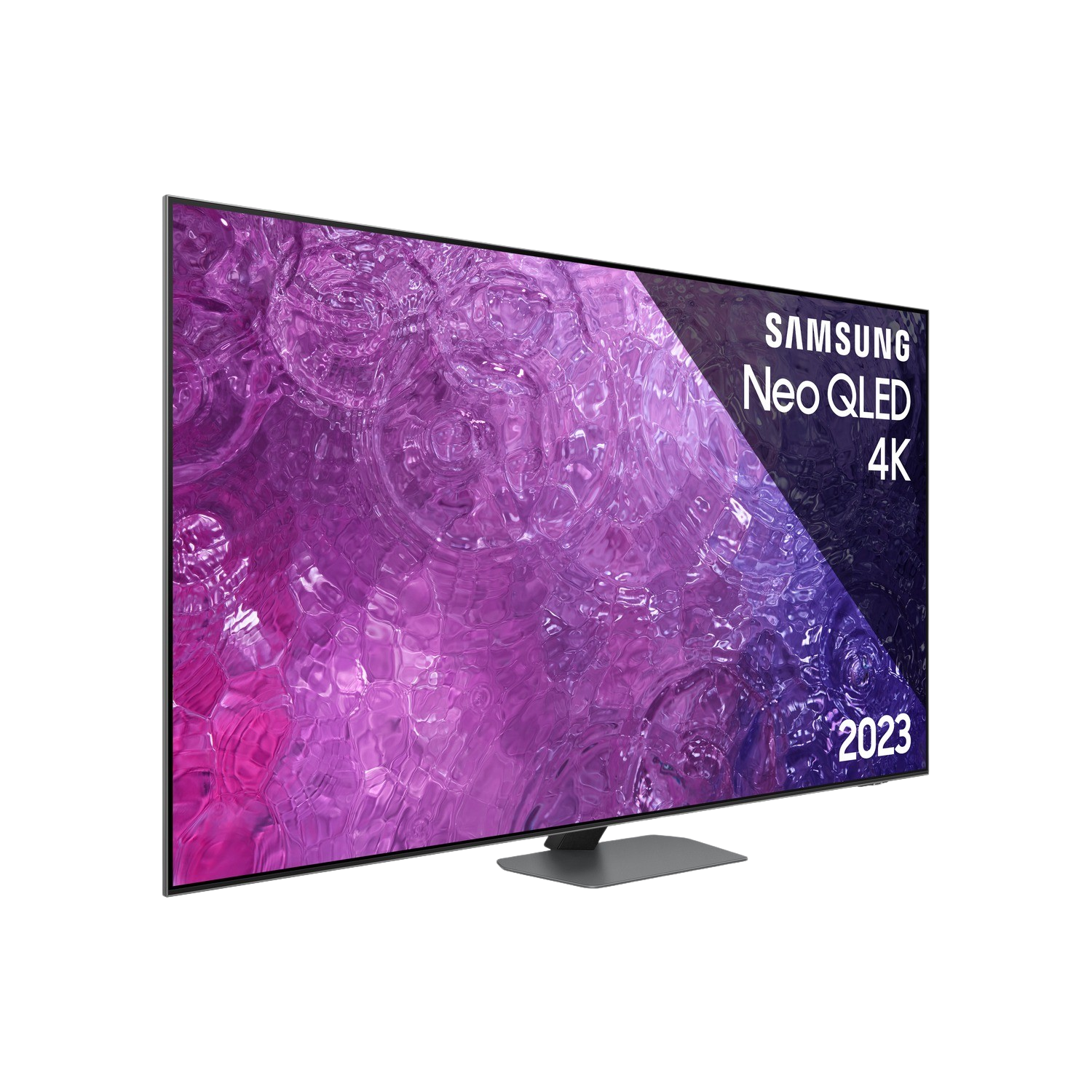 Nowoczesny telewizor Samsung Neo QLED 4K ze srebrną podstawą, wyświetlający kolorowy obraz.