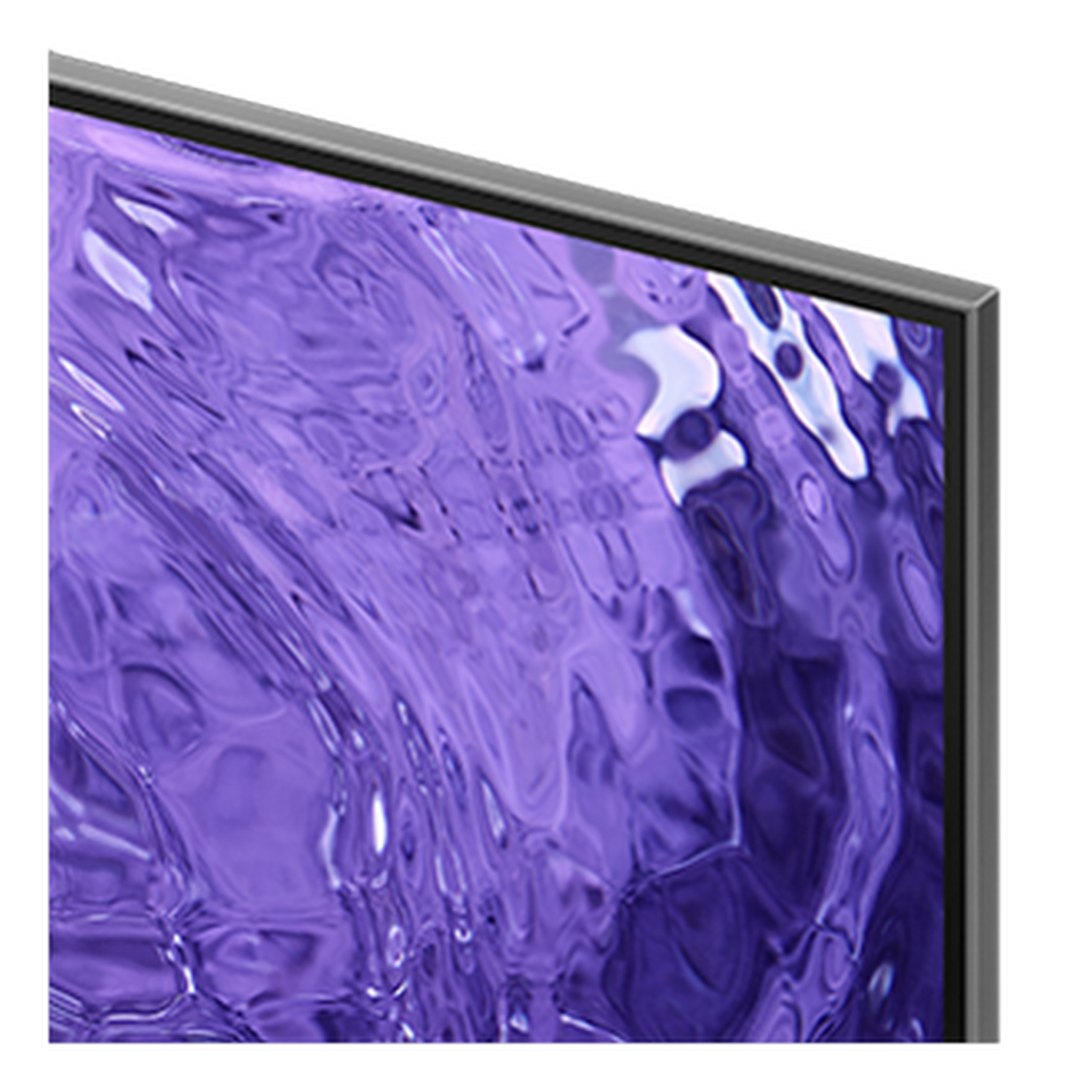 Zbliżenie ekranu telewizora z fioletowym i niebieskim abstrakcyjnym wzorem. Czarna ramka.