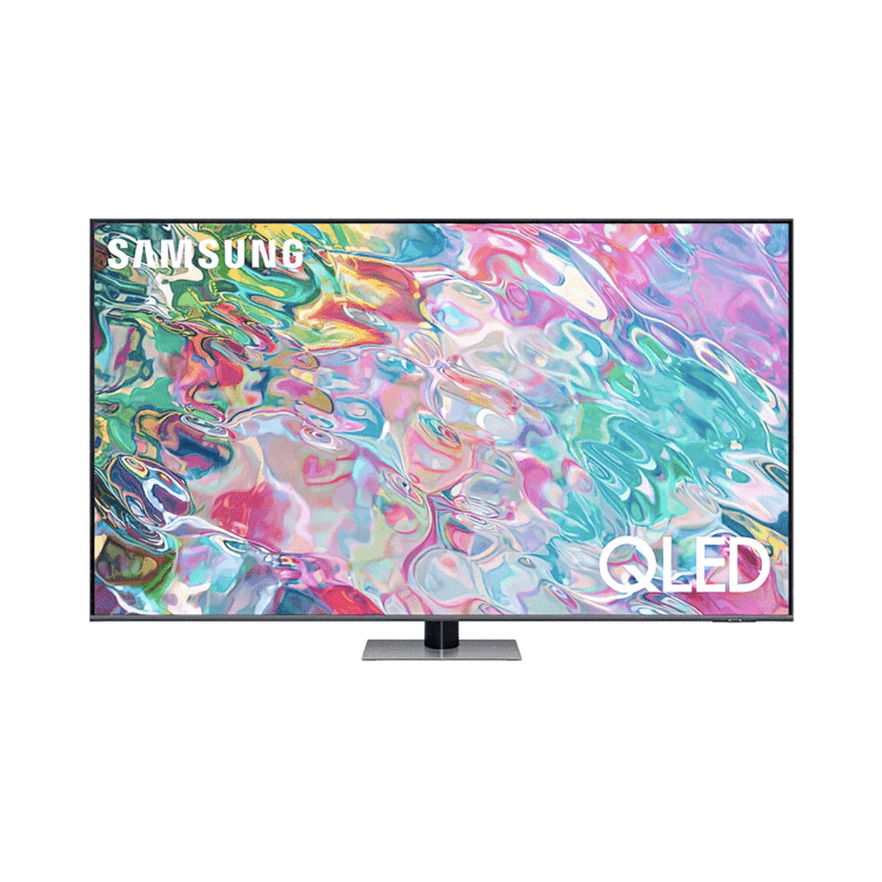 Telewizor Samsung QLED z kolorowym wyświetlaczem. Ekran wyświetla żywy abstrakcyjny wzór w kolorach niebieskim, zielonym i różowym.