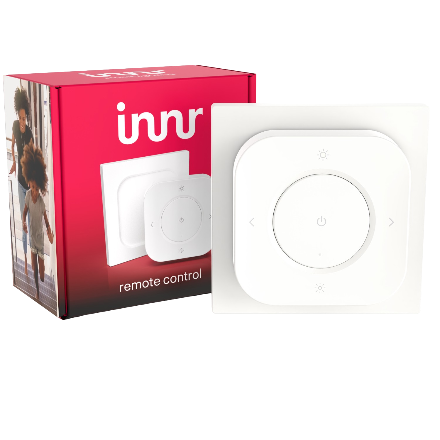 A red box with a white remote and a white remote control. The box says 'innr'.