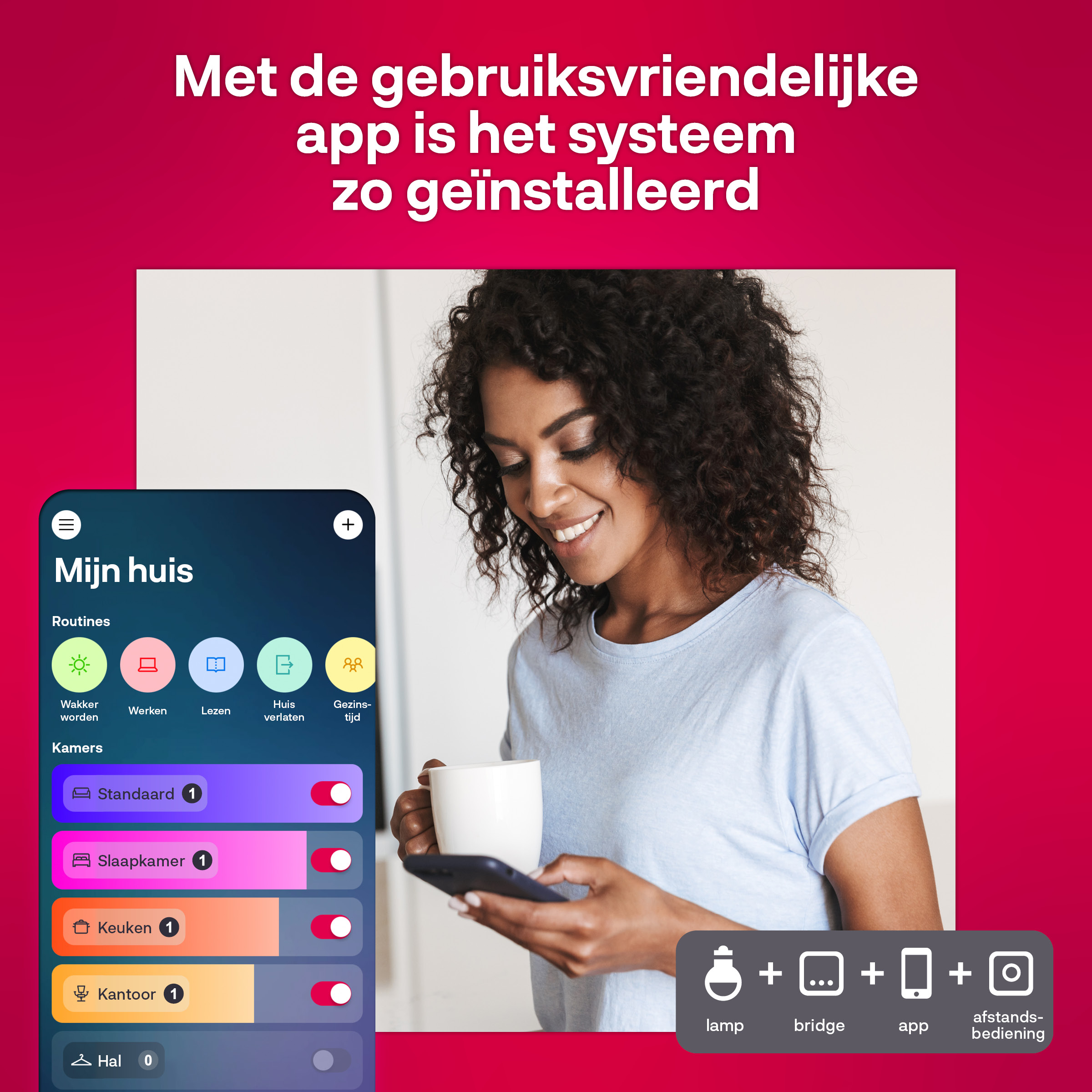 Woman using a phone with a smart home app, white background.