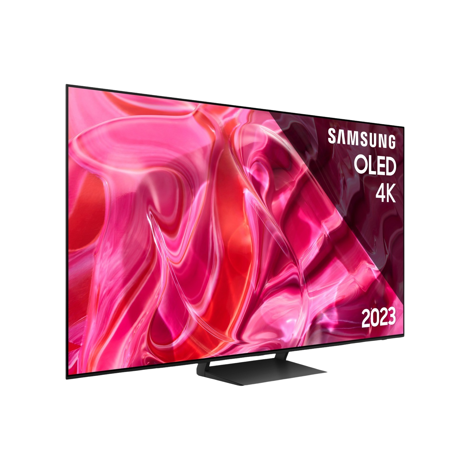 Telewizor Samsung OLED 4K 2023 wyświetlający żywy czerwony i różowy abstrakcyjny obraz na czarnym stojaku.