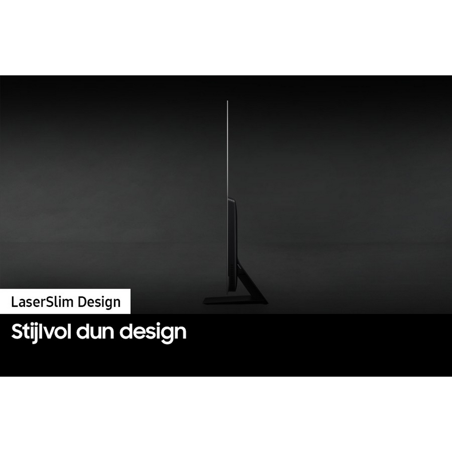 Widok z boku smukłego, cienkiego telewizora Samsung. Czarna ramka, ciemne tło i tekst.
