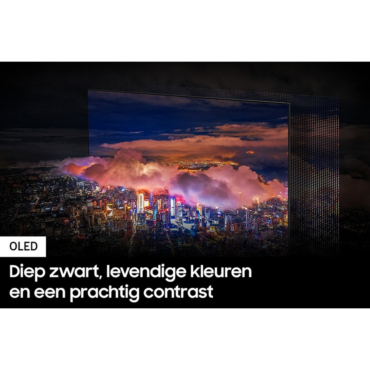 Ekran telewizora OLED pokazujący miasto nocą, z żywymi kolorami i czarną ramką.