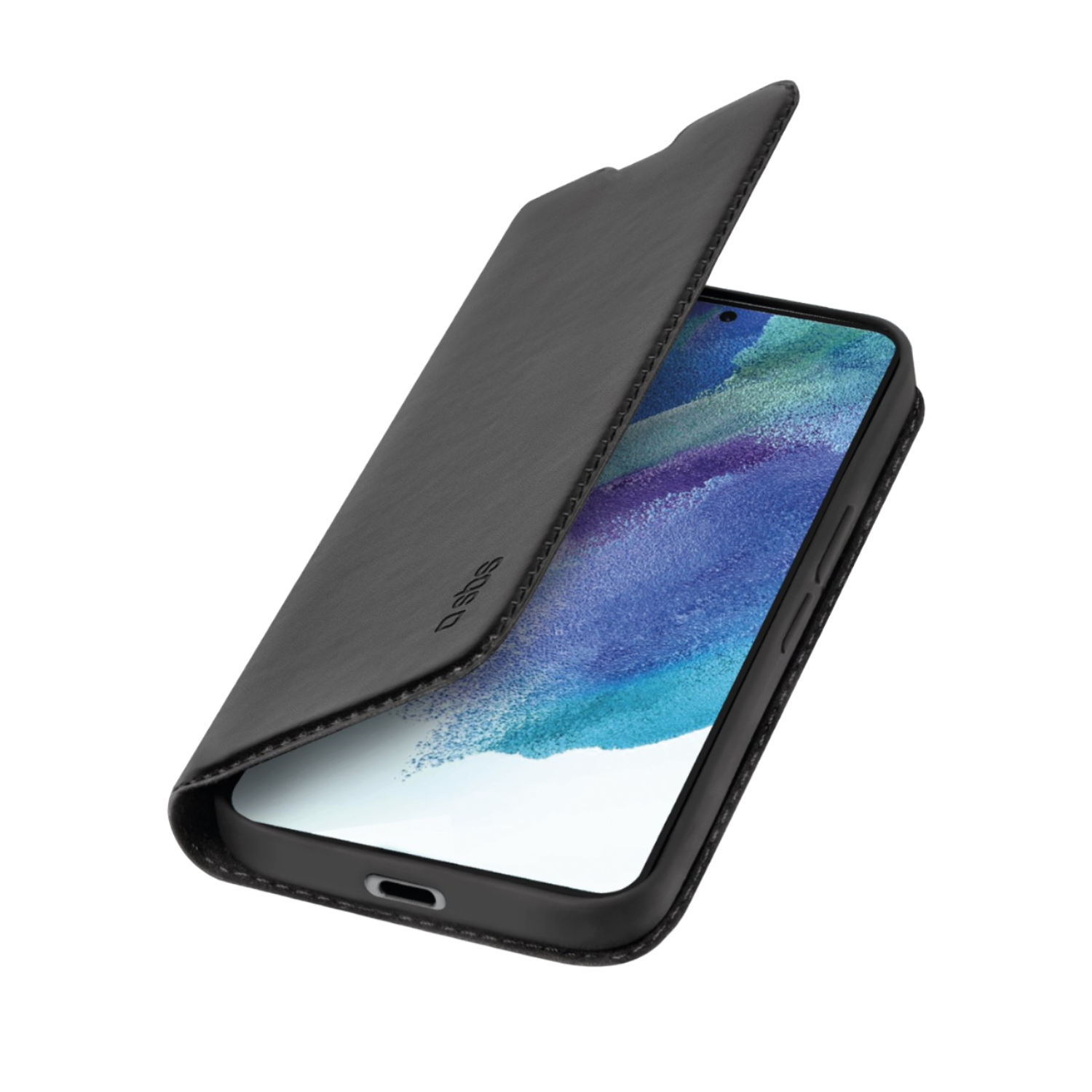 Schwarze Handyhülle mit geöffnetem Telefon, das den Telefonbildschirm zeigt, auf schwarzem Hintergrund.