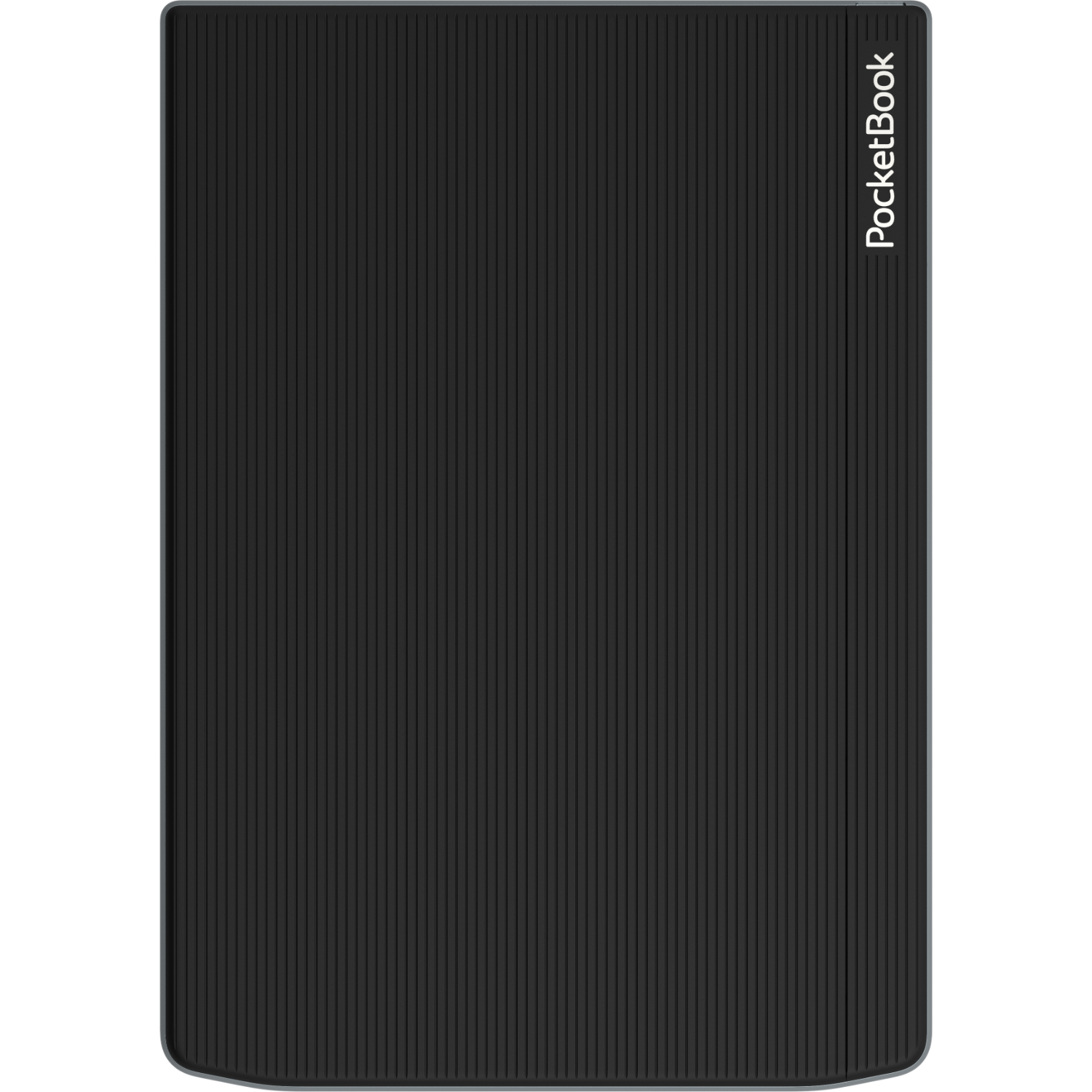 Czarny czytnik PocketBook, prezentujący swoją teksturowaną powierzchnię z białym tekstem.