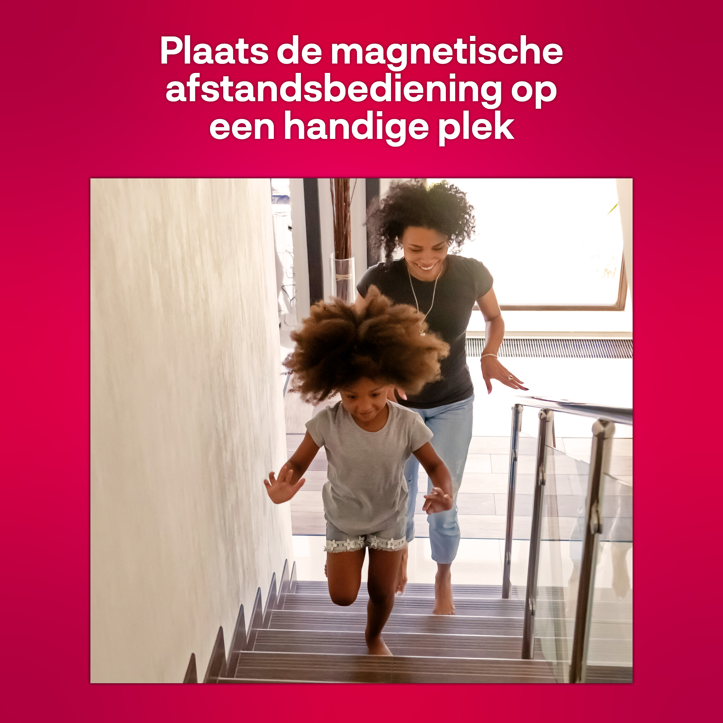 A woman and a child are running down stairs.