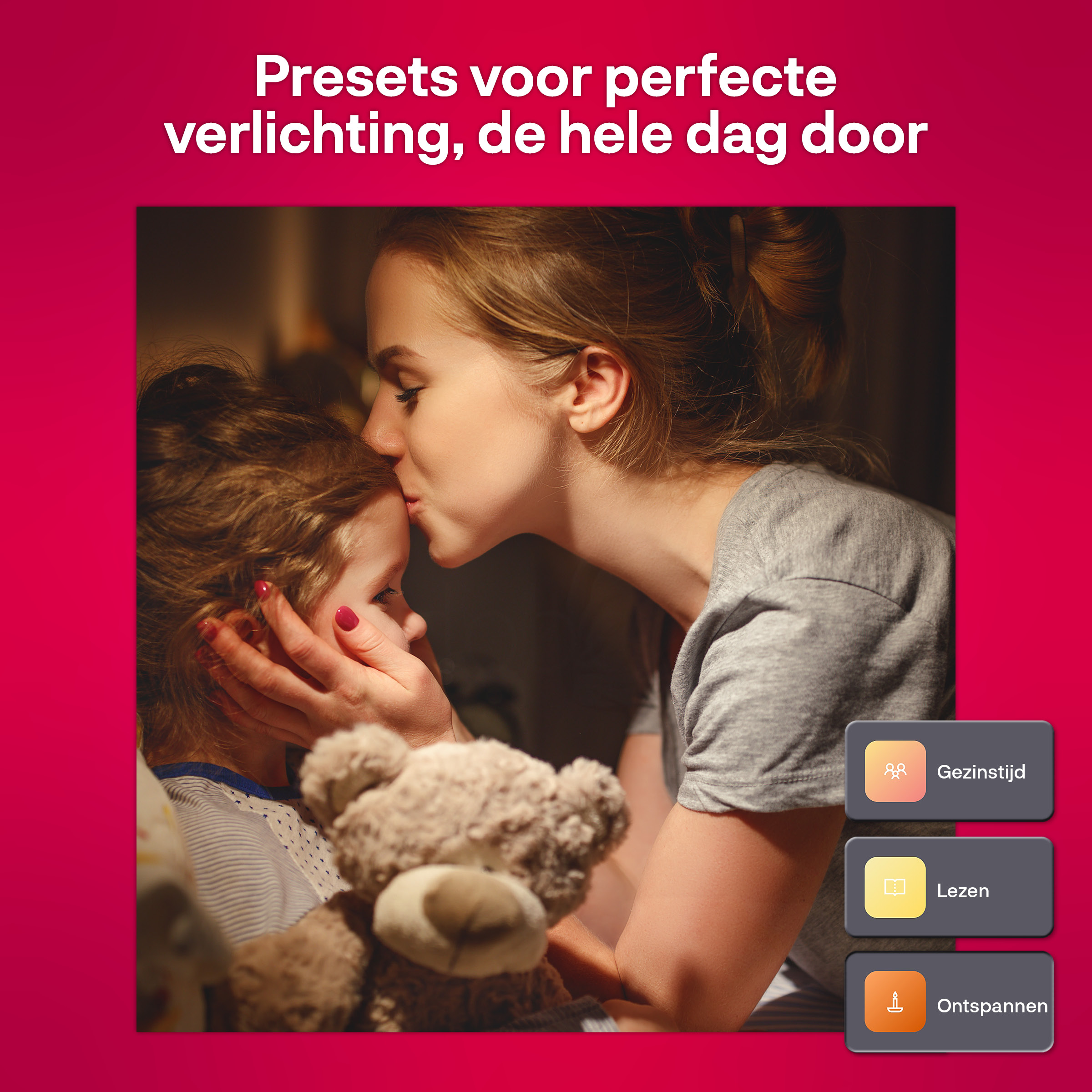 Mother kissing a child's forehead. Text overlay with preset options.