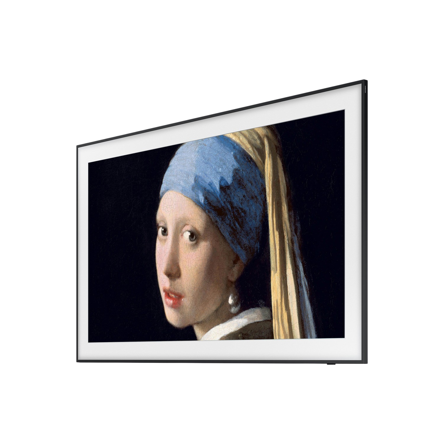 Telewizor wyświetla obraz kobiety w niebieskiej chuście i perłowym kolczyku, w czarnej ramie.