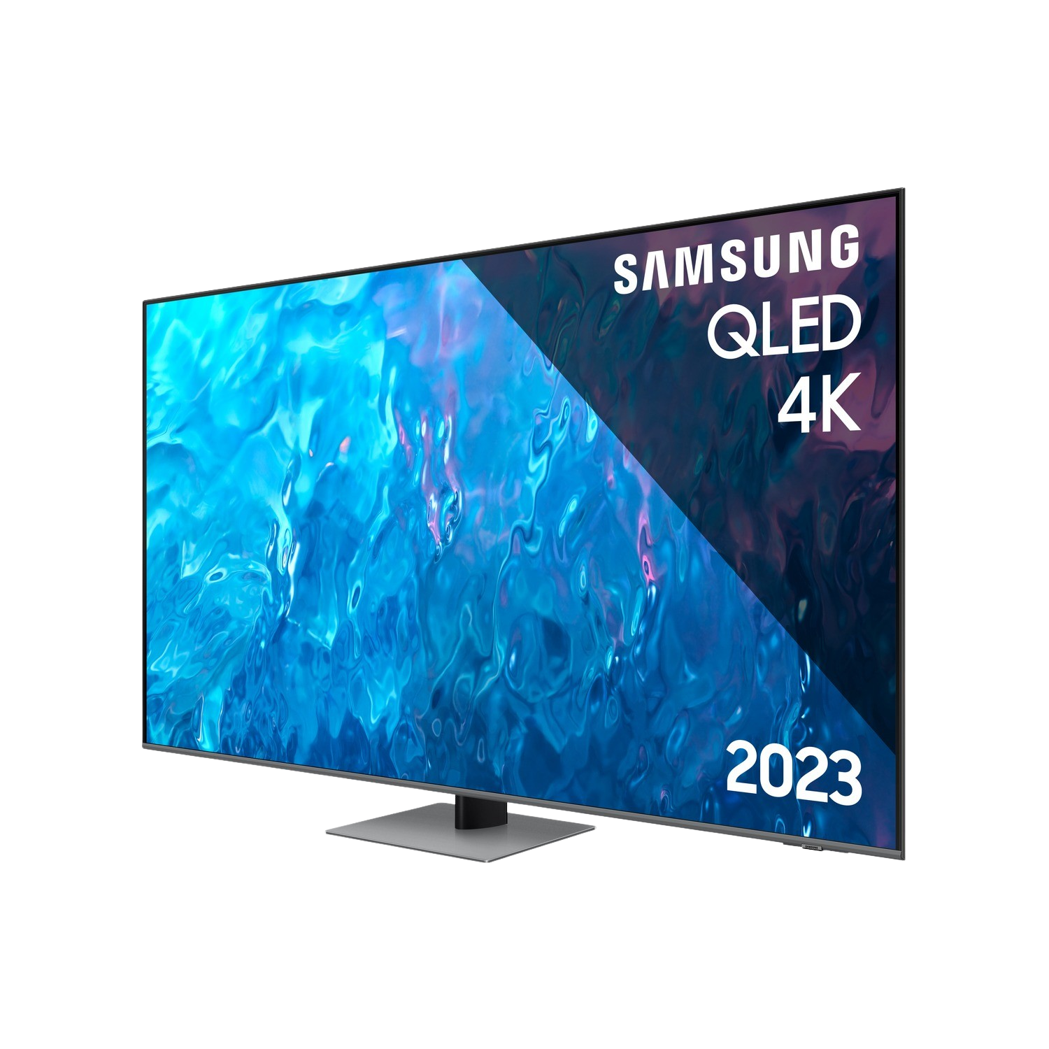 Nowoczesny telewizor z niebieskim ekranem. Widoczne słowa 'Samsung QLED 4K 2023'.