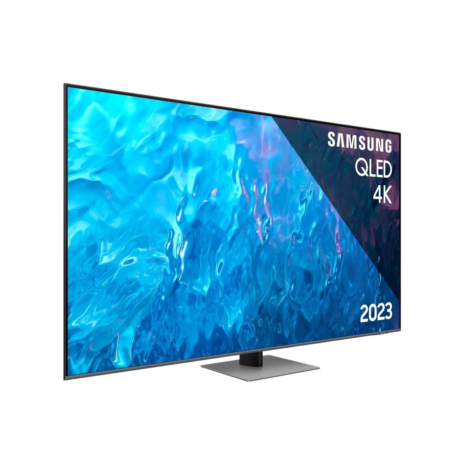 Telewizor Samsung QLED 4K, czarna ramka, niebieskie tło.
