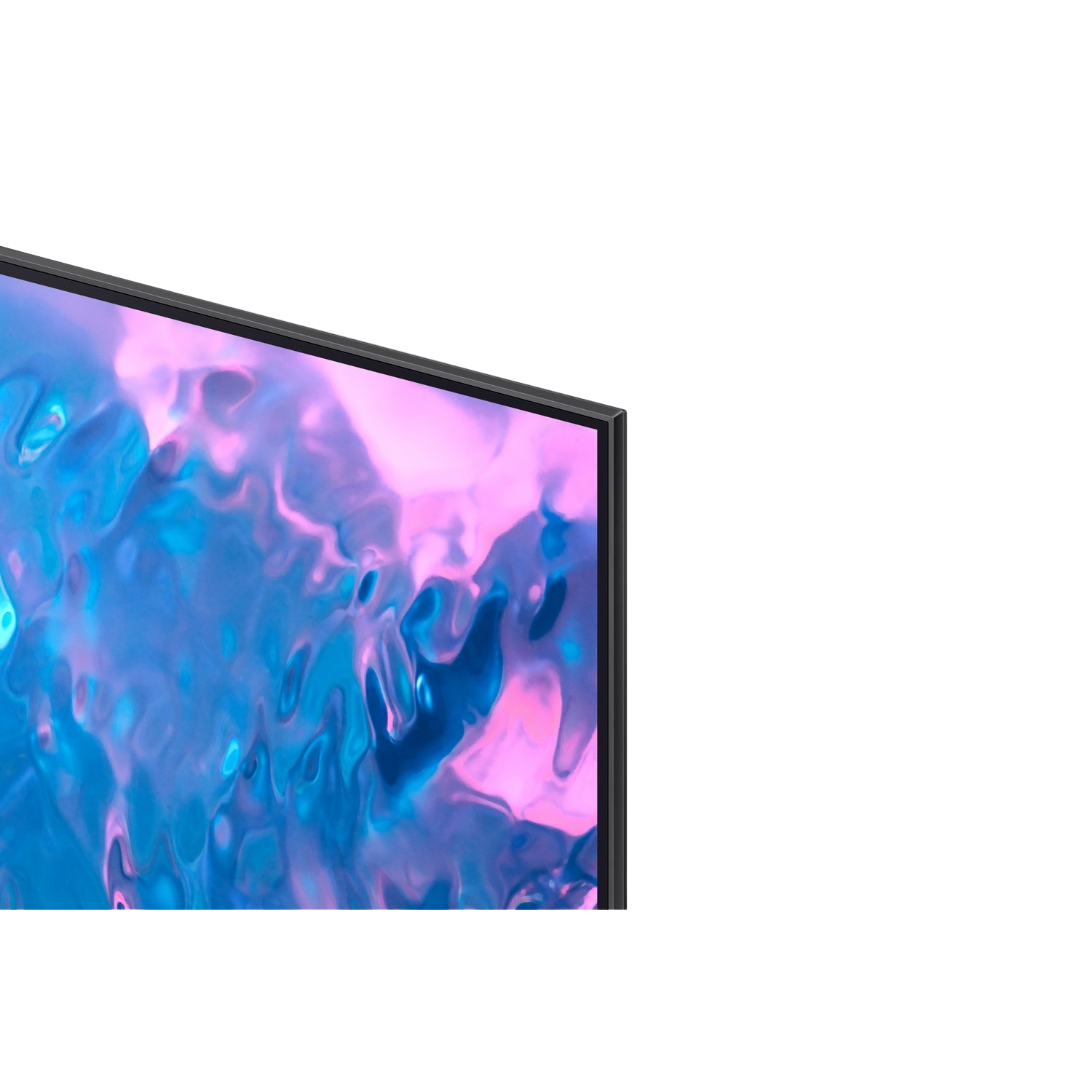 Zbliżenie ekranu telewizora z kolorowym, abstrakcyjnym obrazem. Czarne obramowanie i tło.