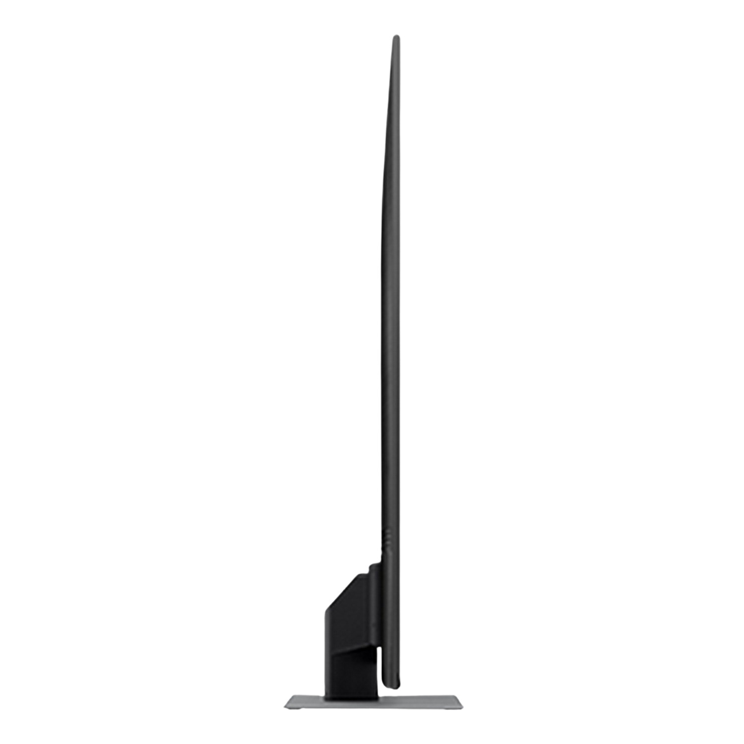 Widok z boku czarnego telewizora, pokazujący jego smukły profil.