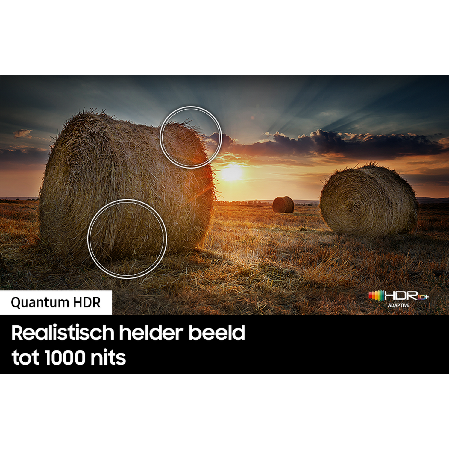 Bale siana na polu o zachodzie słońca, z tekstem: Quantum HDR, Realistisch helder beeld tot 1000 nits.