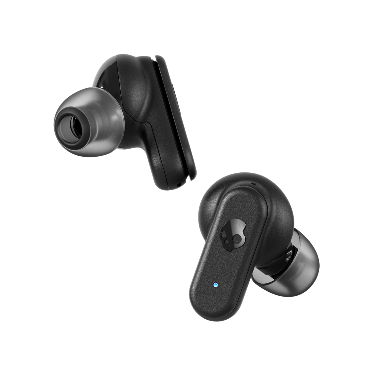 Czarne bezprzewodowe słuchawki. Dwie słuchawki na czarnym tle. Jedna w powietrzu, druga na ziemi.