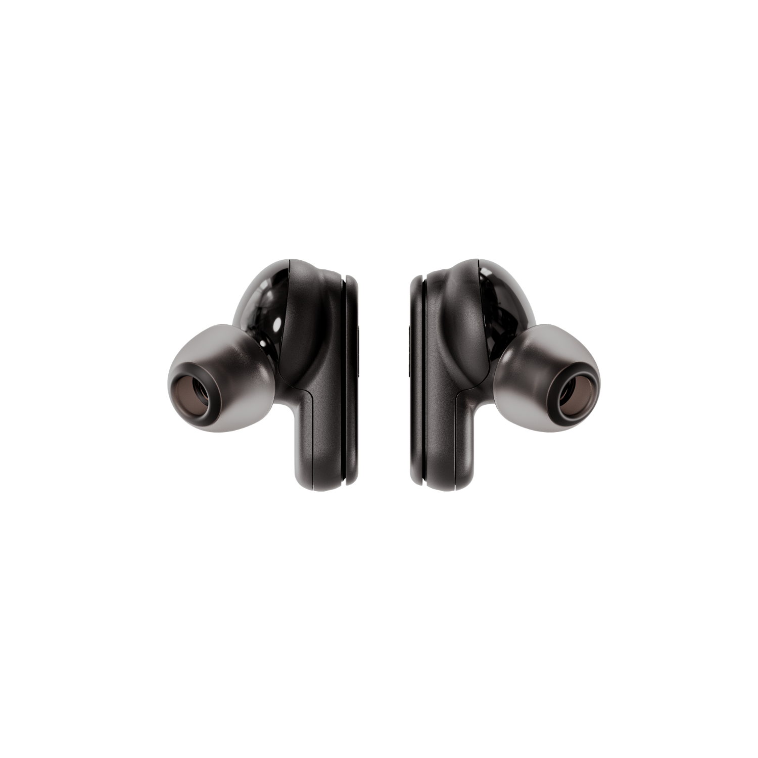 Dwa czarne bezprzewodowe słuchawki douszne, zwrócone do siebie, na czarnym tle.