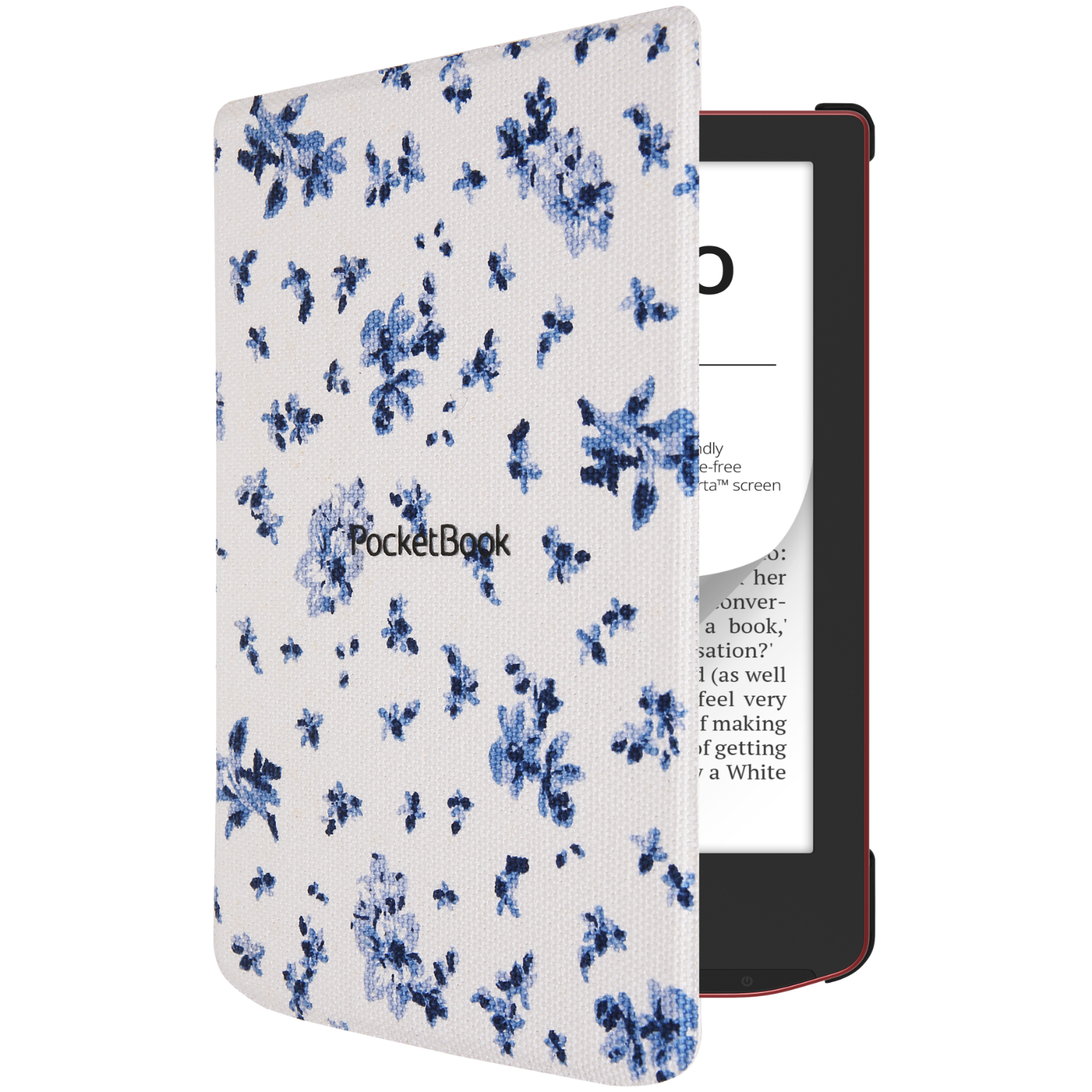 Ein Buchumschlag mit blauem Blumendesign ist geöffnet und zeigt einen weißen Bildschirm mit Text.