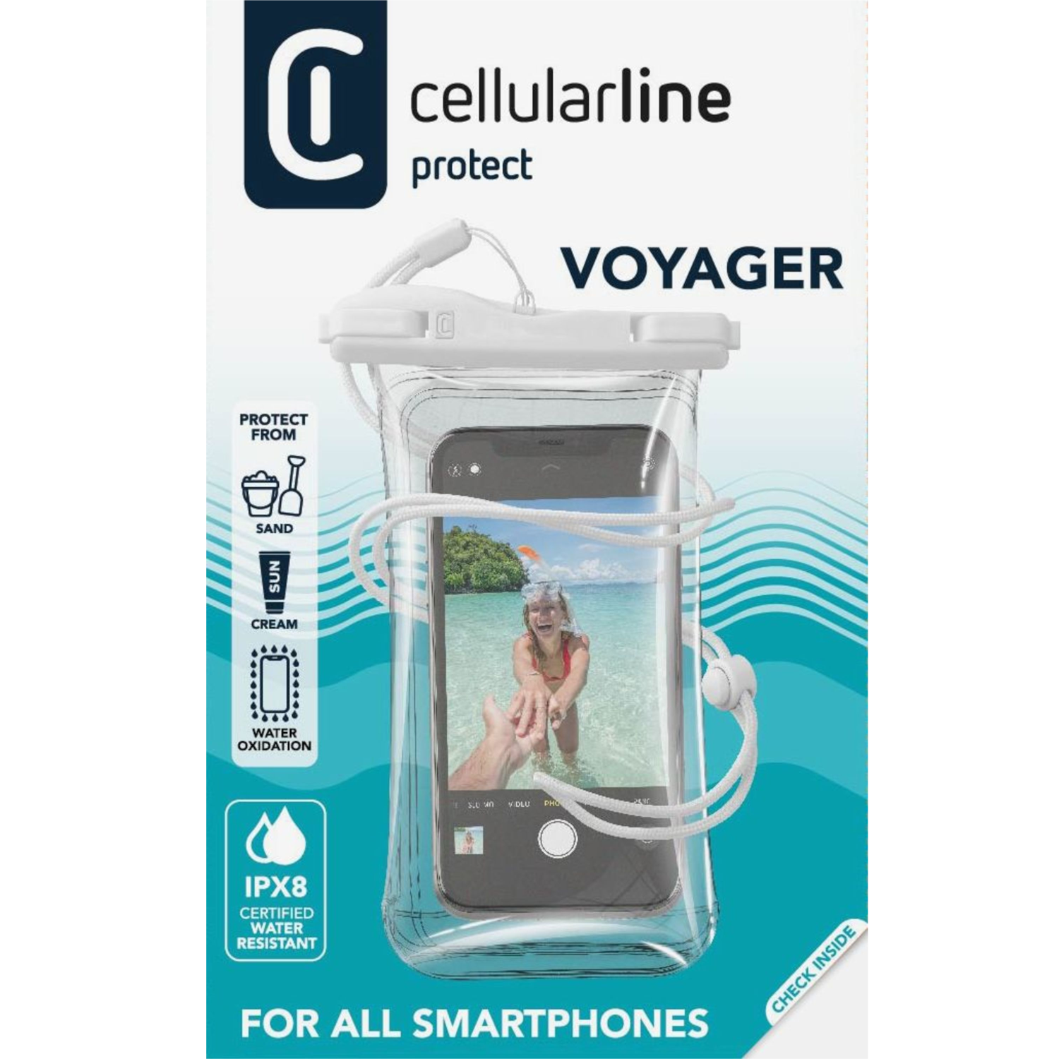 Telefono in una borsa impermeabile. Mostra il telefono in un ambiente spiaggia.