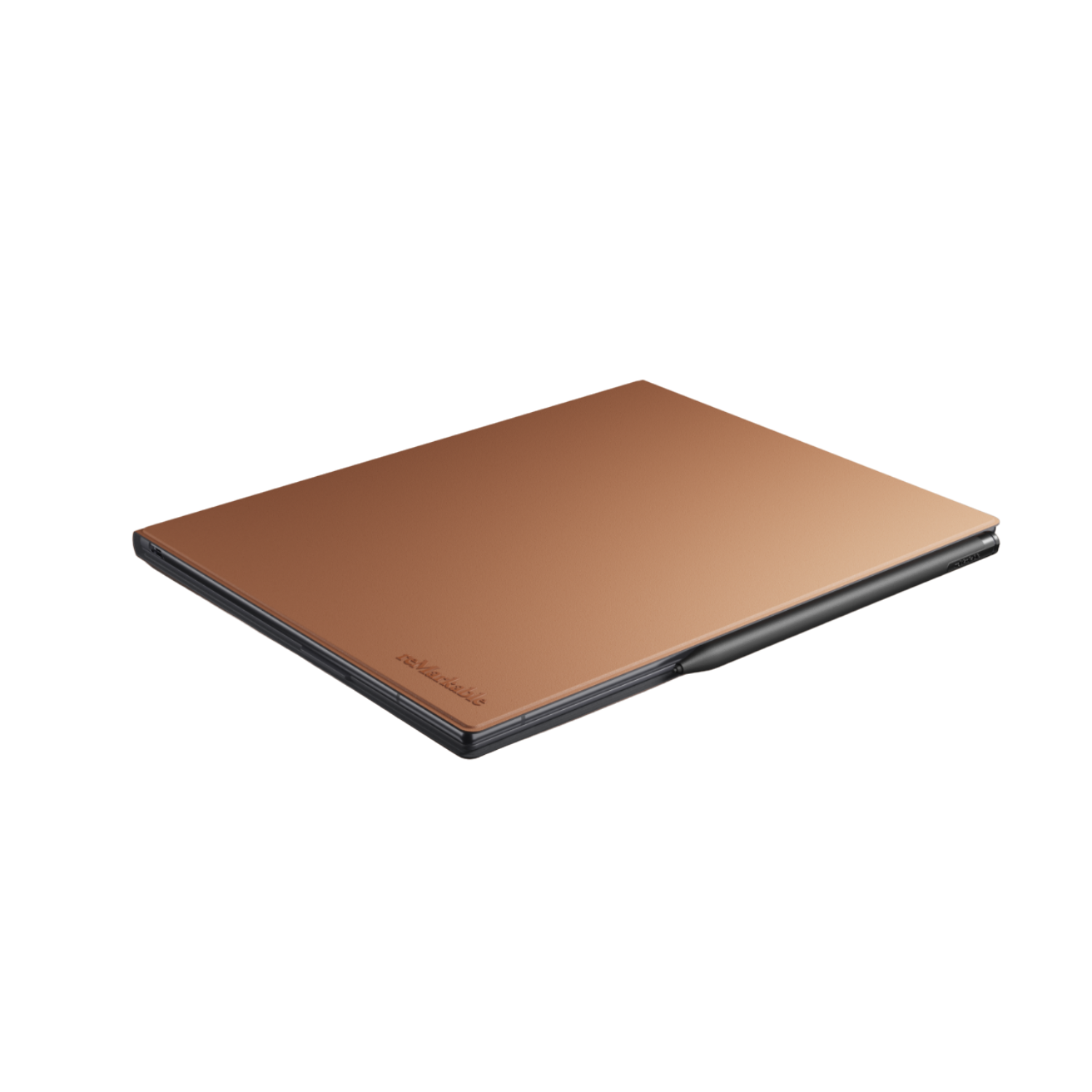 Kahverengi tablet kılıfı, kapalı, siyah arka planda.