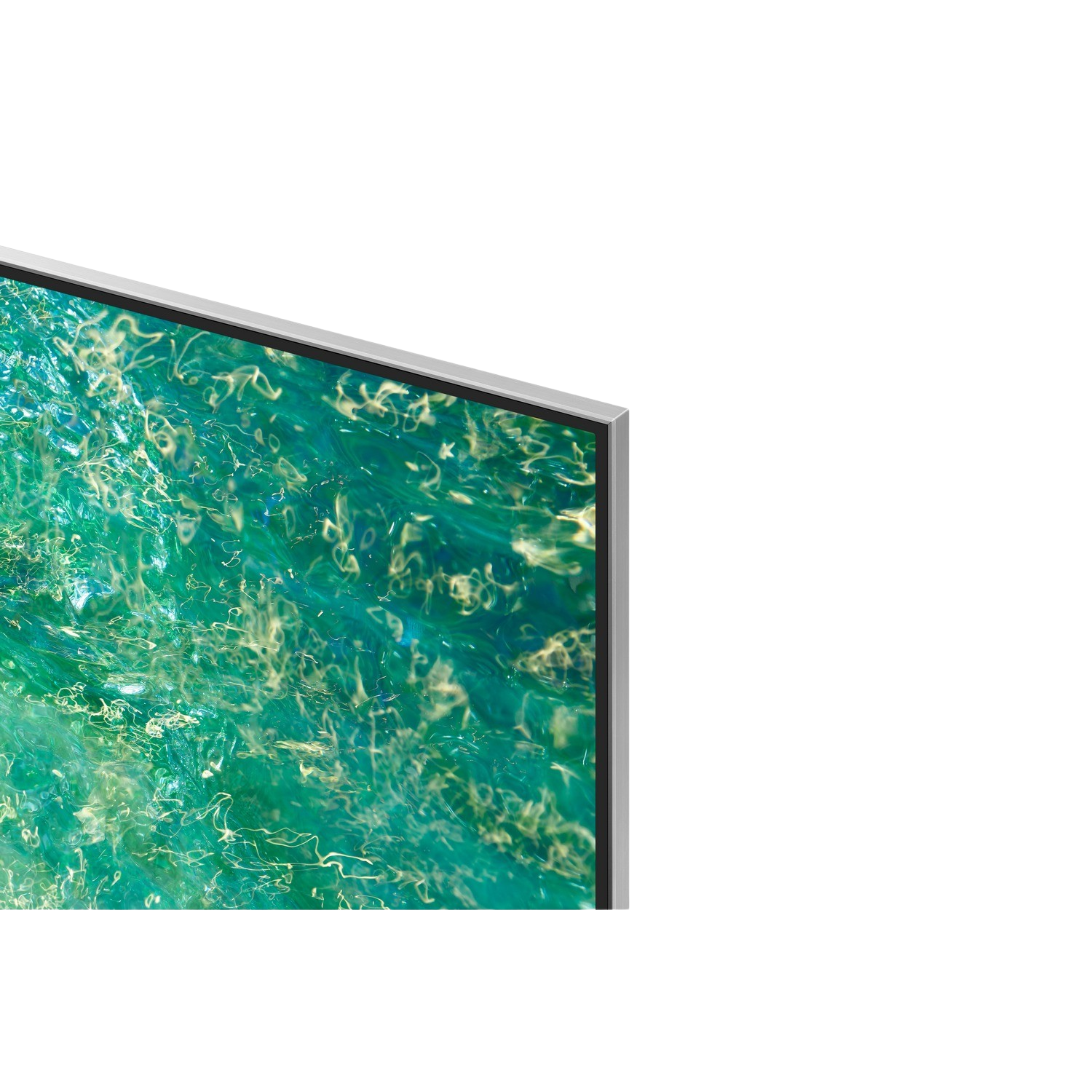 Zbliżenie rogu ekranu telewizora z żywym, abstrakcyjnym, zielono-żółtym wzorem.