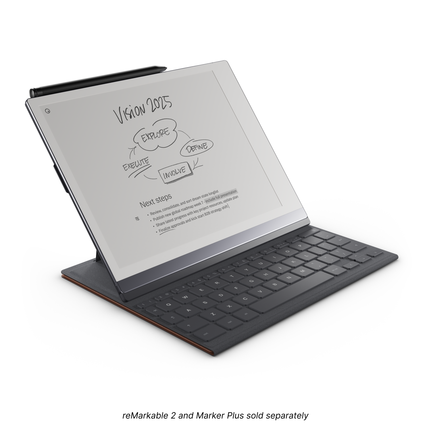 Klavye kılıfı olan bir tablet, Vizyon 2025 metnini içeren bir taslak gösteriyor.