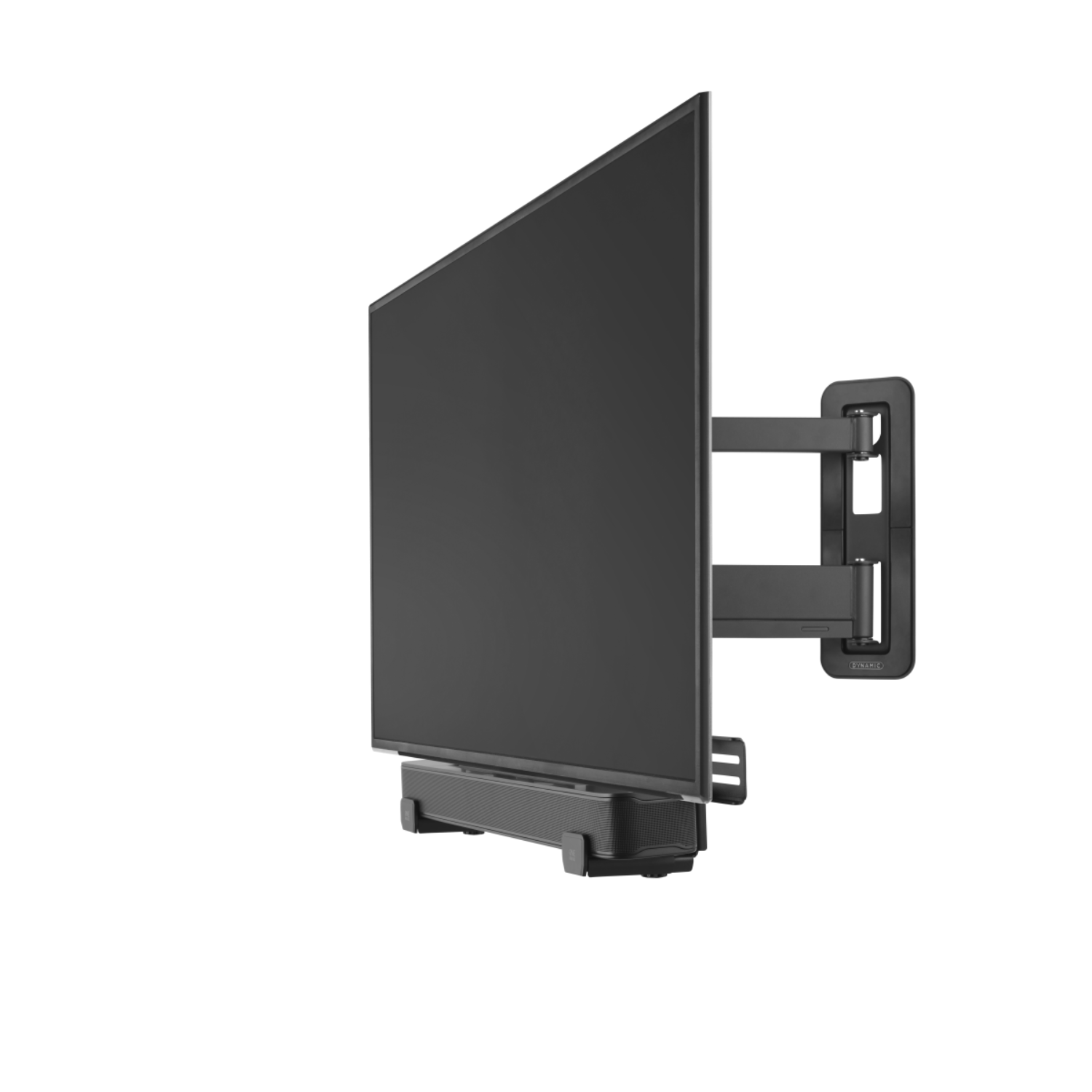 Een tv op een muurbevestiging met een soundbar, schuin op een zwarte achtergrond.