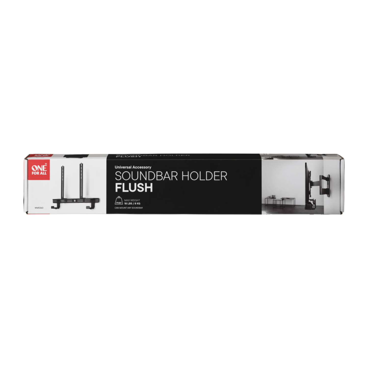 Een soundbar-houderdoos. De tekst luidt: Soundbar-houder Flush, One For All, Universeel Accessoire. De doos is zwart en wit.