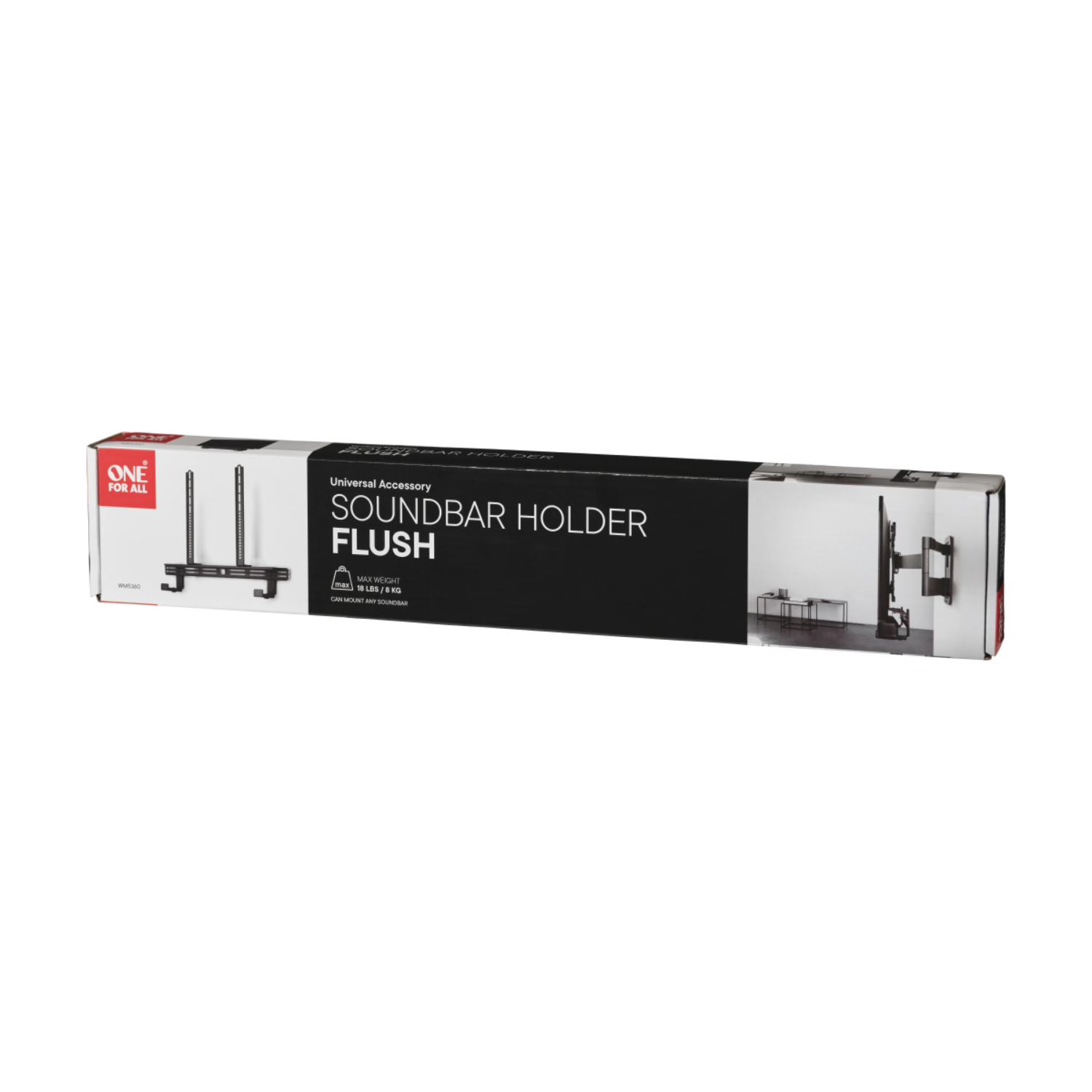 Een rechthoekige doos voor een soundbar houder, met de productnaam 'SOUNDBAR HOLDER FLUSH' op de voorkant.