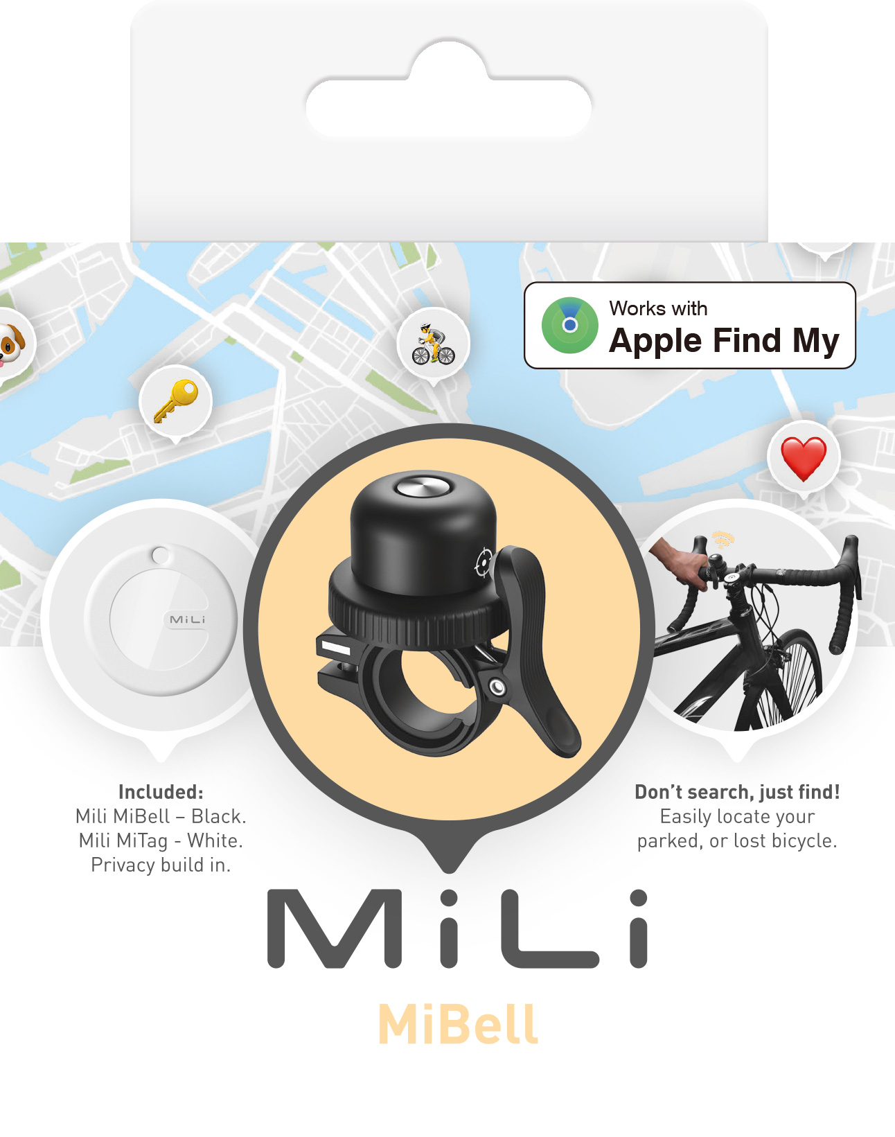 A bicycle bell with a MiLi MiBell tag, and a map, on a white background.