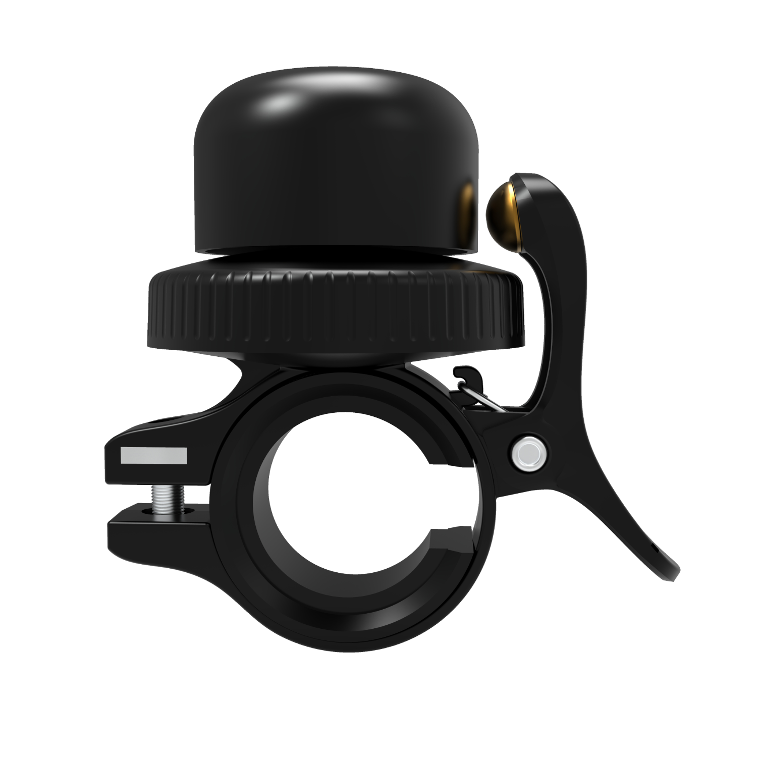 Black bicycle bell with a gold accent, mounted on a black ring.