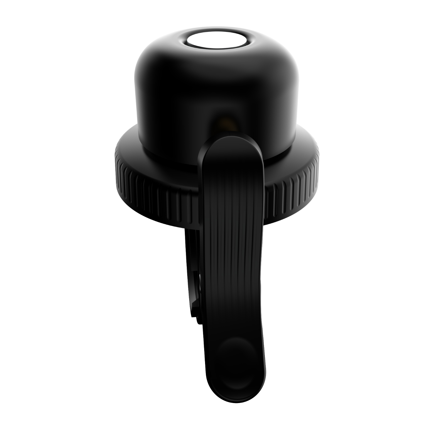 Black bike bell with a lever and a white top.