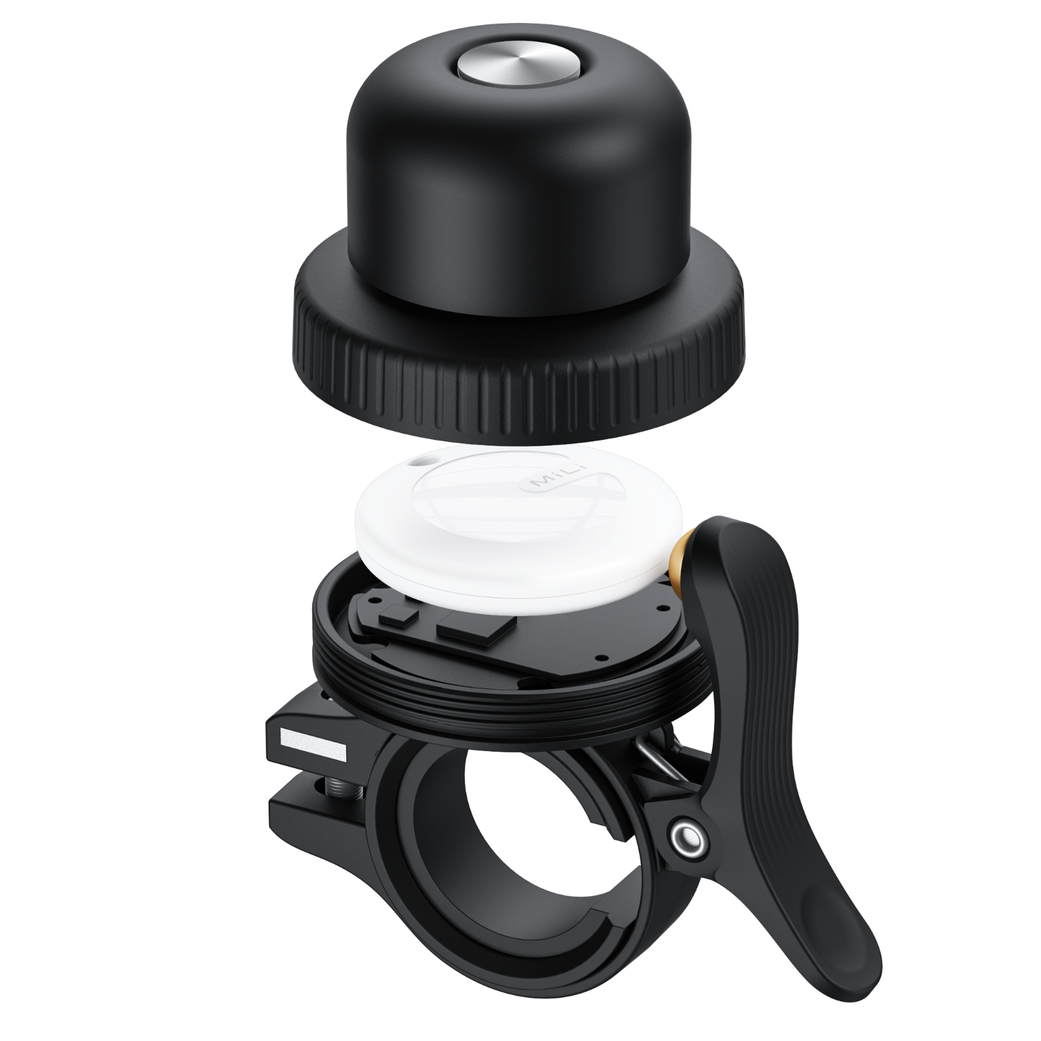 A disassembled black MiLi device with a white circular top and a black clamp-like structure.