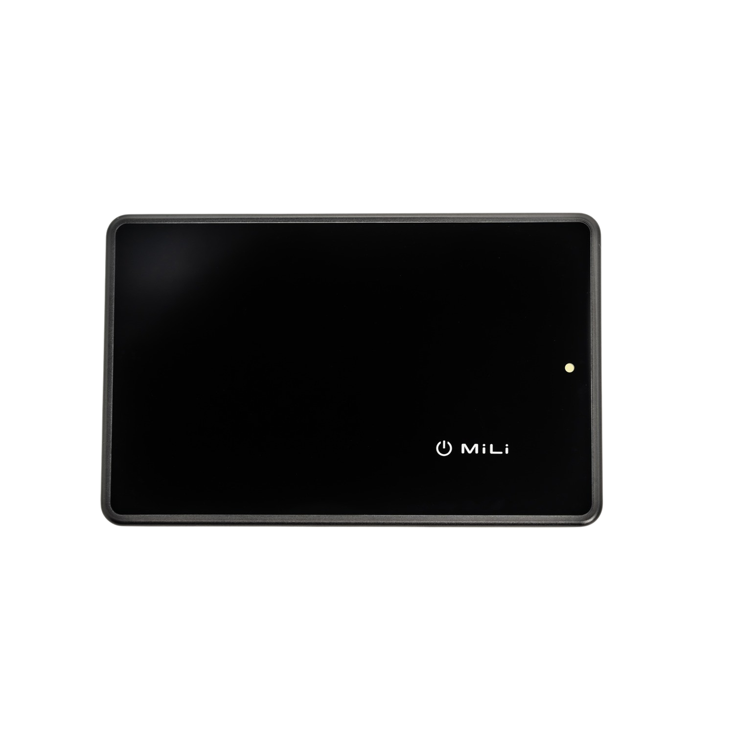 A black MiLi power bank on black background. A yellow light is on.