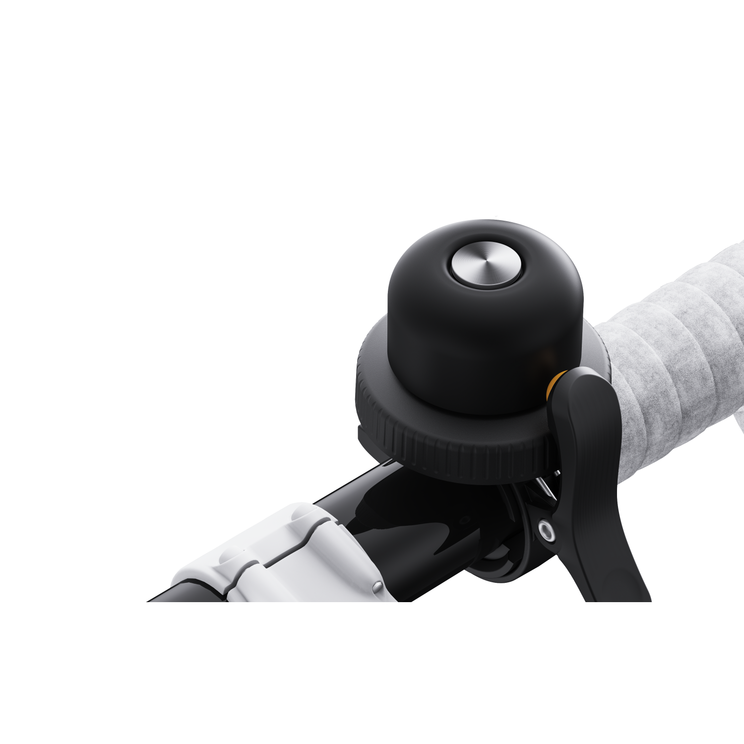 A bicycle bell, black and silver, is attached to handlebars.