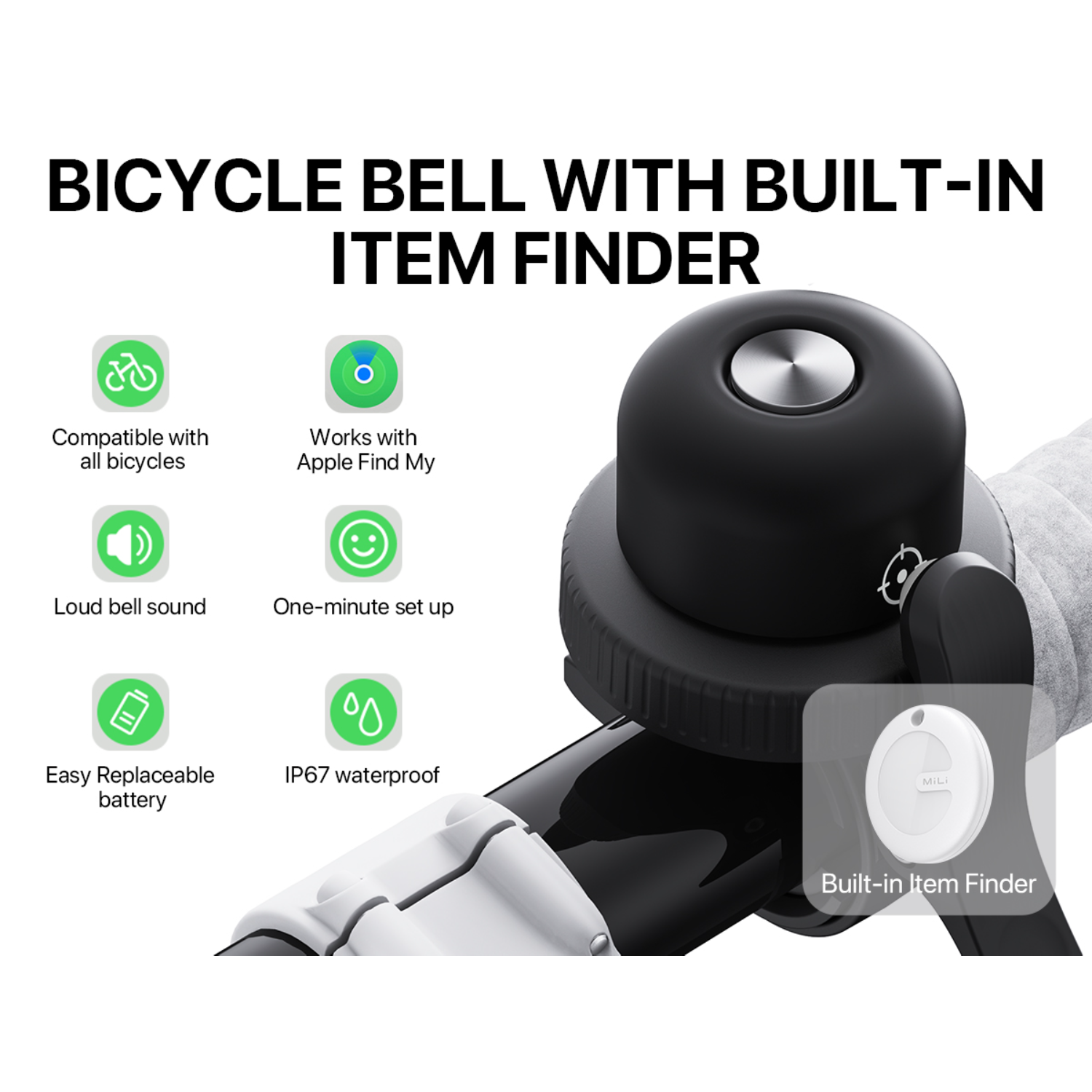 Black bicycle bell with a built-in item finder. Text and icons shown.