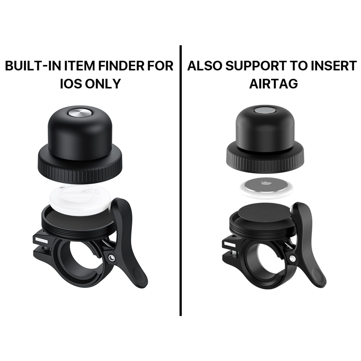 Two black bike bells and a circular AirTag case. White background.
