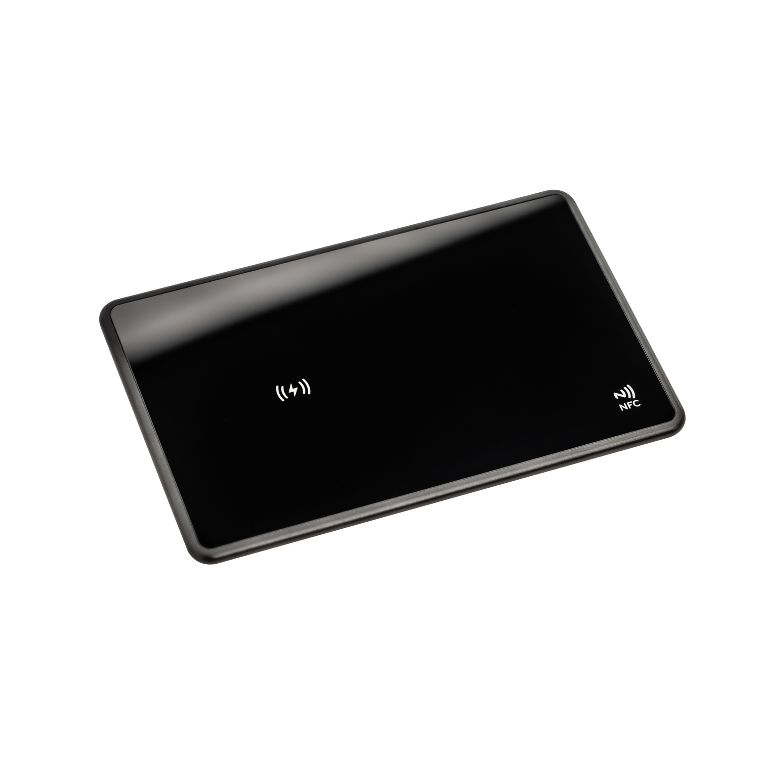 Black wireless charging pad with NFC and wireless charging icons.