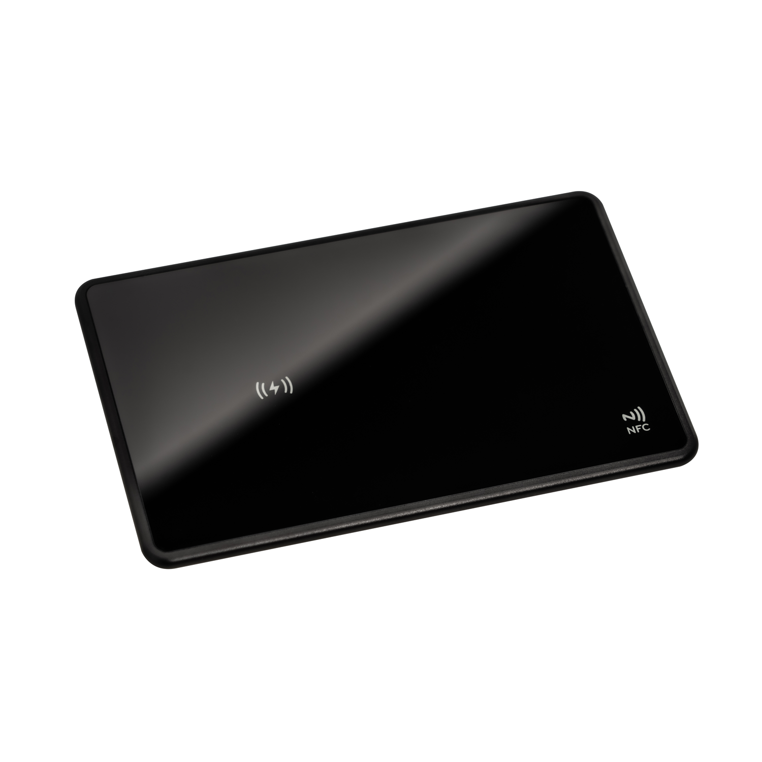 Black wireless charging pad, with the charging symbol and NFC marking.