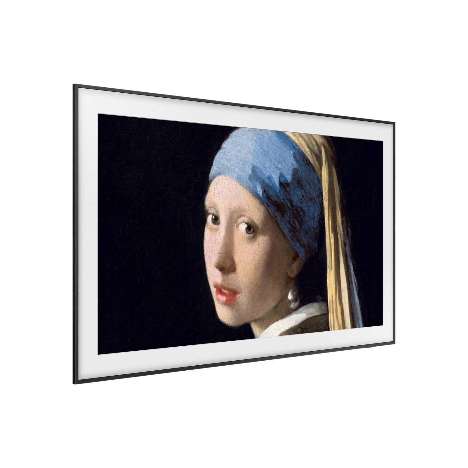 Obraz kobiety z niebieską chustą i perłą na czarnym tle.