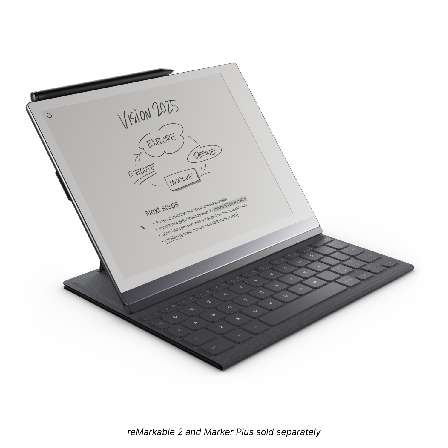 Klavyeli bir tablet. Tablet, bir proje yönetimi planı görüntülüyor.