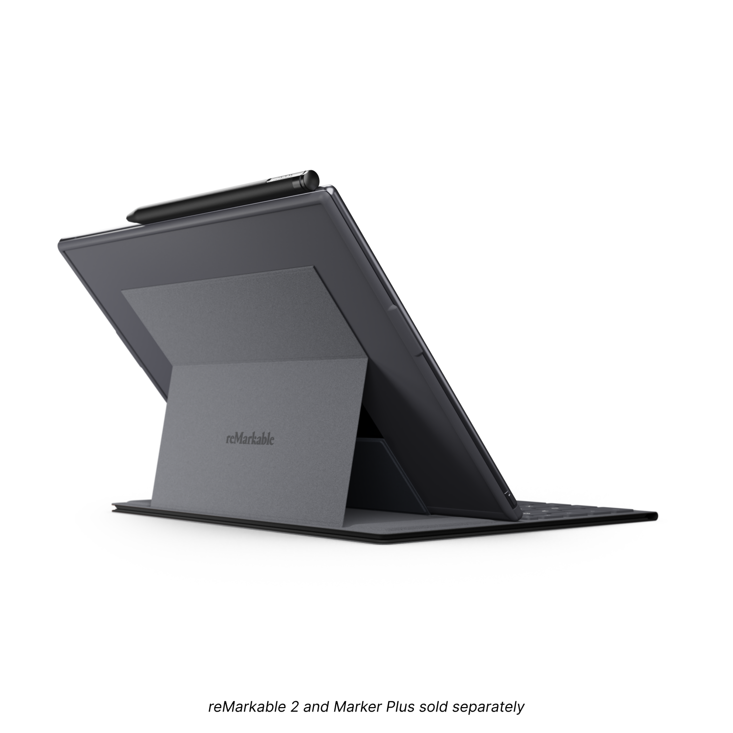 Klavye ve kalemli Remarkable tablet. Tablet destekleniyor. Gri ve siyah renk düzeni.