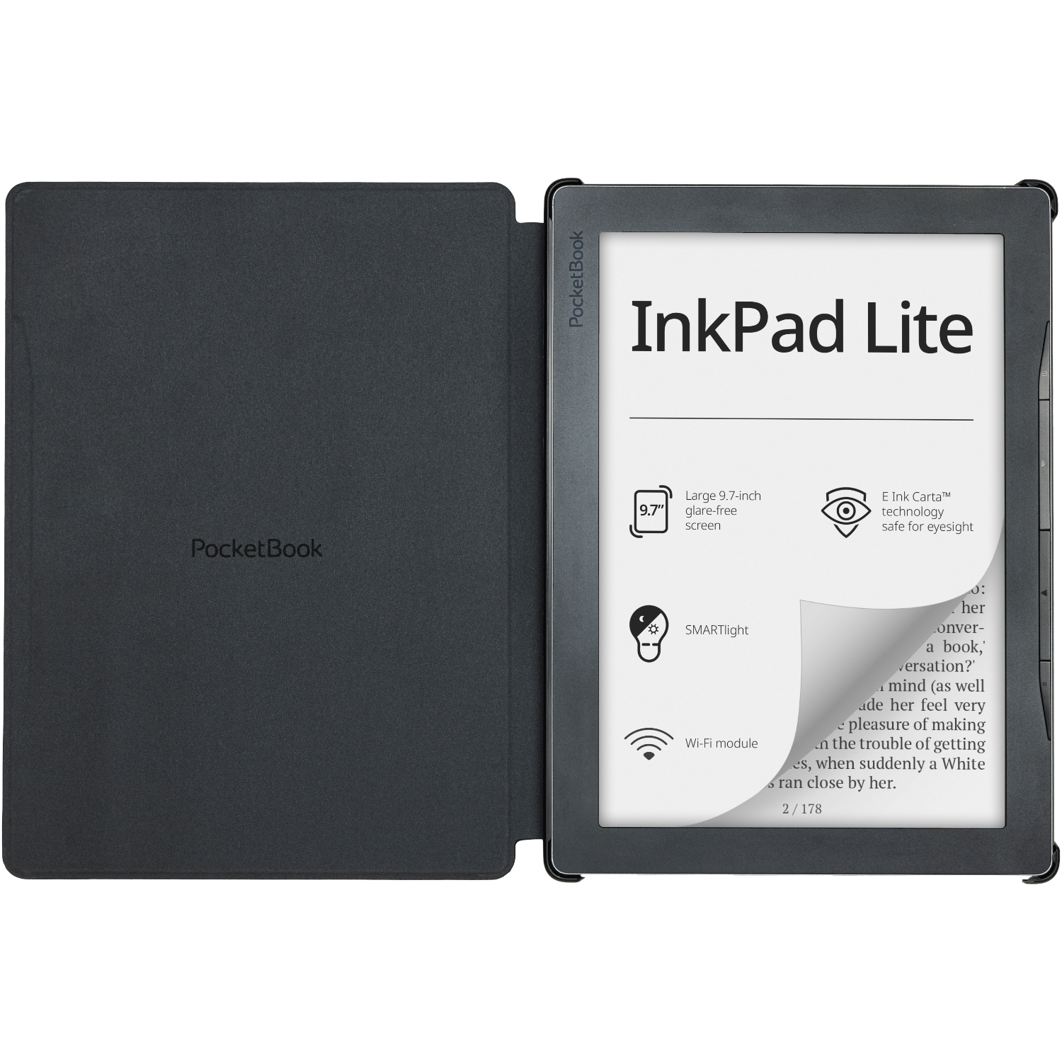 E-Reader, offen, zeigt Text auf einem weißen Bildschirm, mit schwarzem Gehäuse.