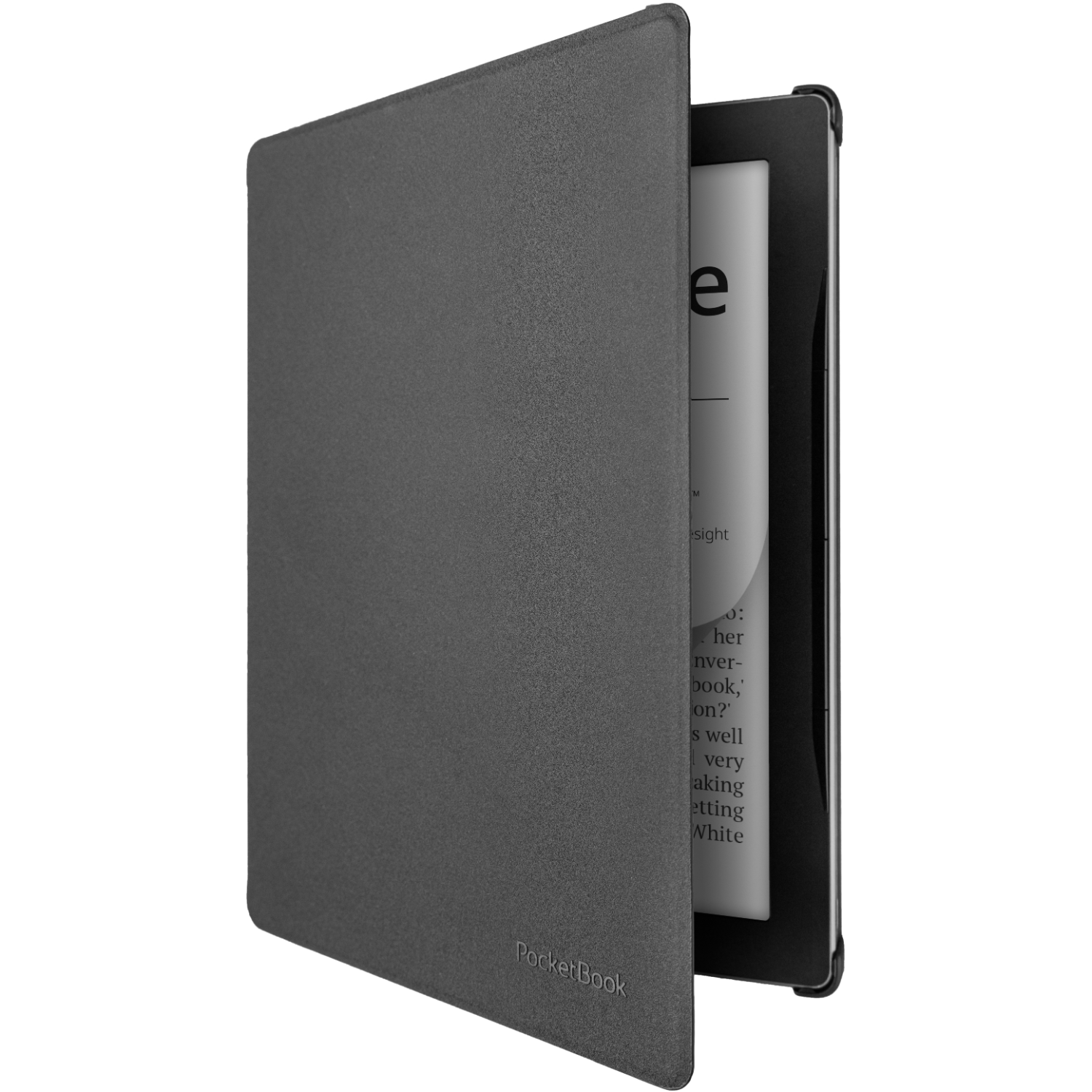Dunkelgrauer PocketBook E-Reader in Hülle, geöffnet mit Text auf dem Bildschirm.
