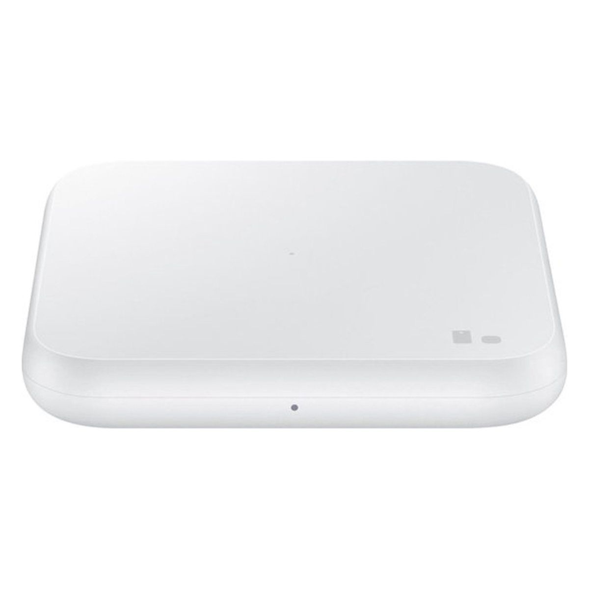 Caricabatterie wireless bianco. Il caricabatterie è quadrato e pulito.