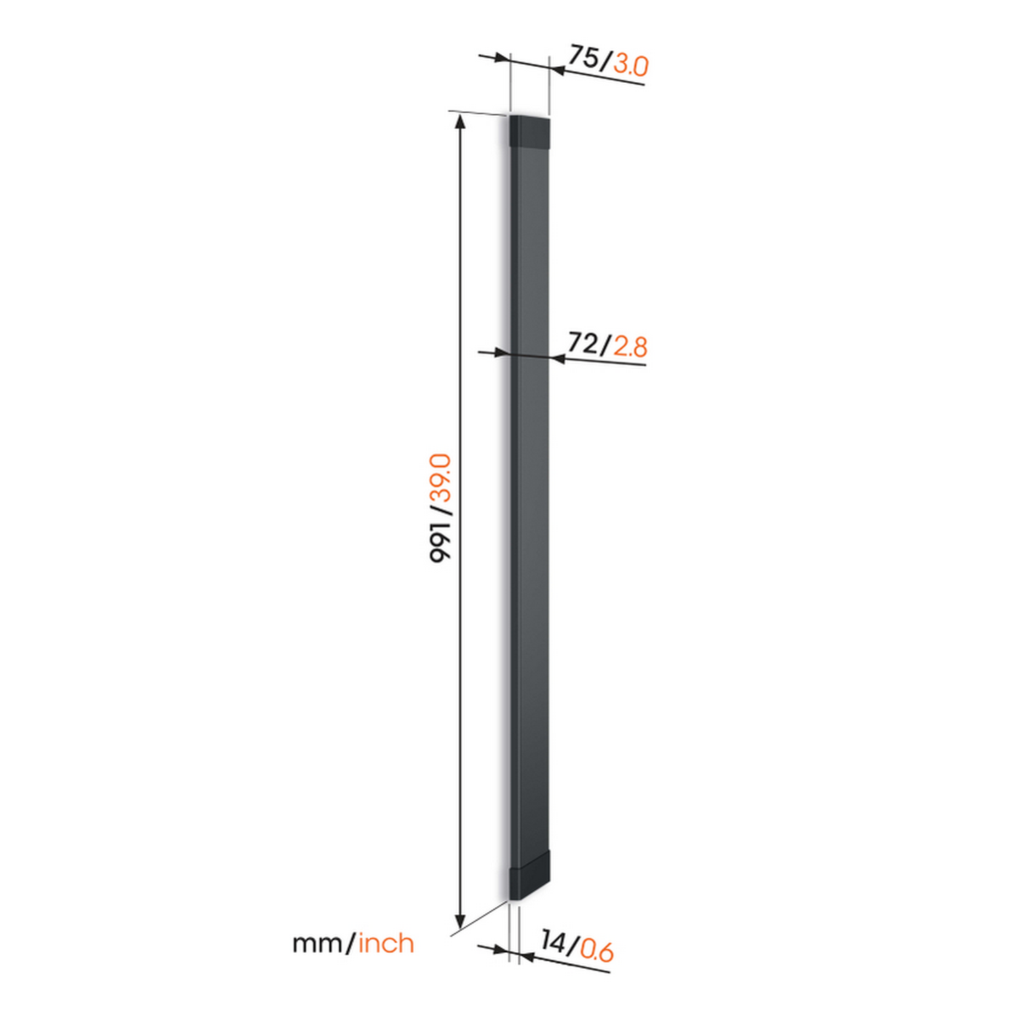 Un profilé métallique noir avec des mesures en mm/pouces. C'est un objet long, fin et rectangulaire.