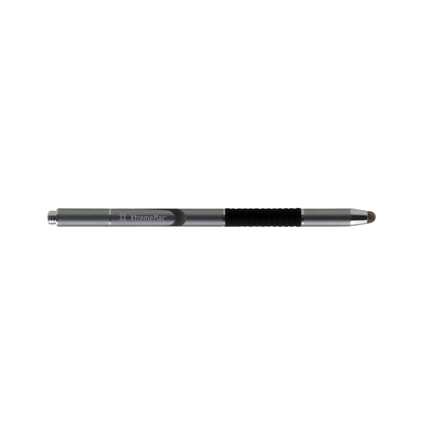 Ein silberner Stift mit schwarzem Griff und Touch-Spitze, vor schwarzem Hintergrund.