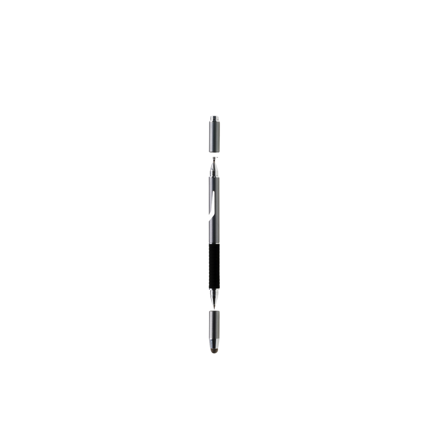 Ein silberner Stylus-Stift mit schwarzem Griff, mit abgenommenen Kappen an beiden Enden, vor Schwarz.